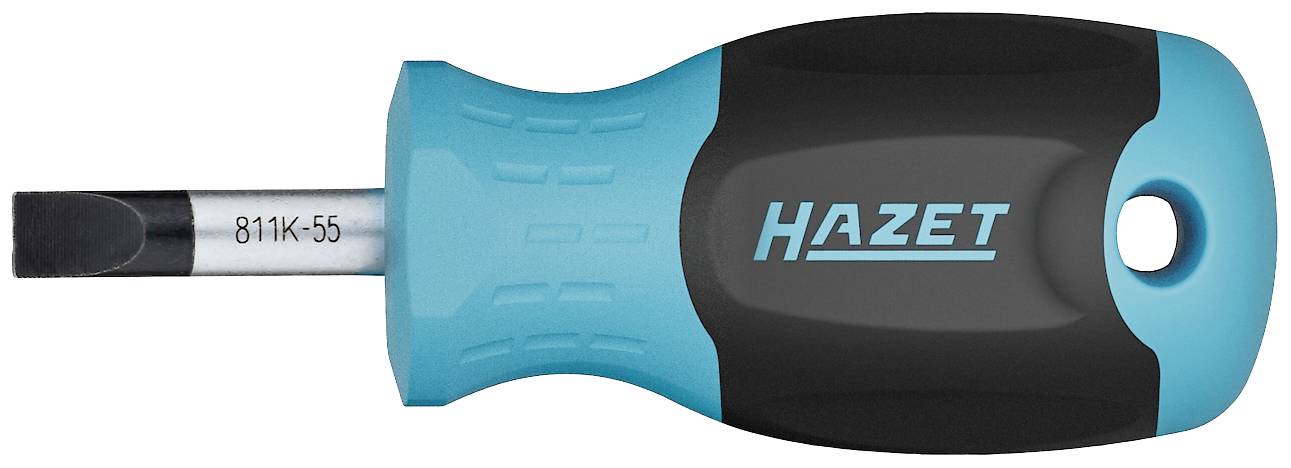 Compact screwdriver with a short handle and a flat blade; the handle is blue and black with the 'Hazet' inscription.