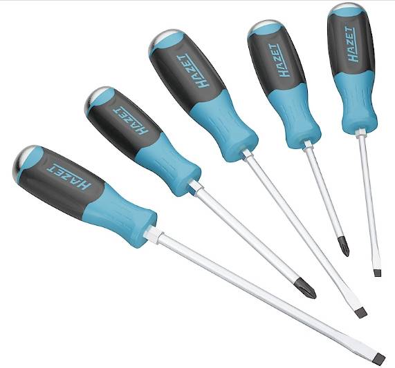 Five screwdrivers in various sizes on a white background. They have black handles with blue details and the inscription 'HAZET'.