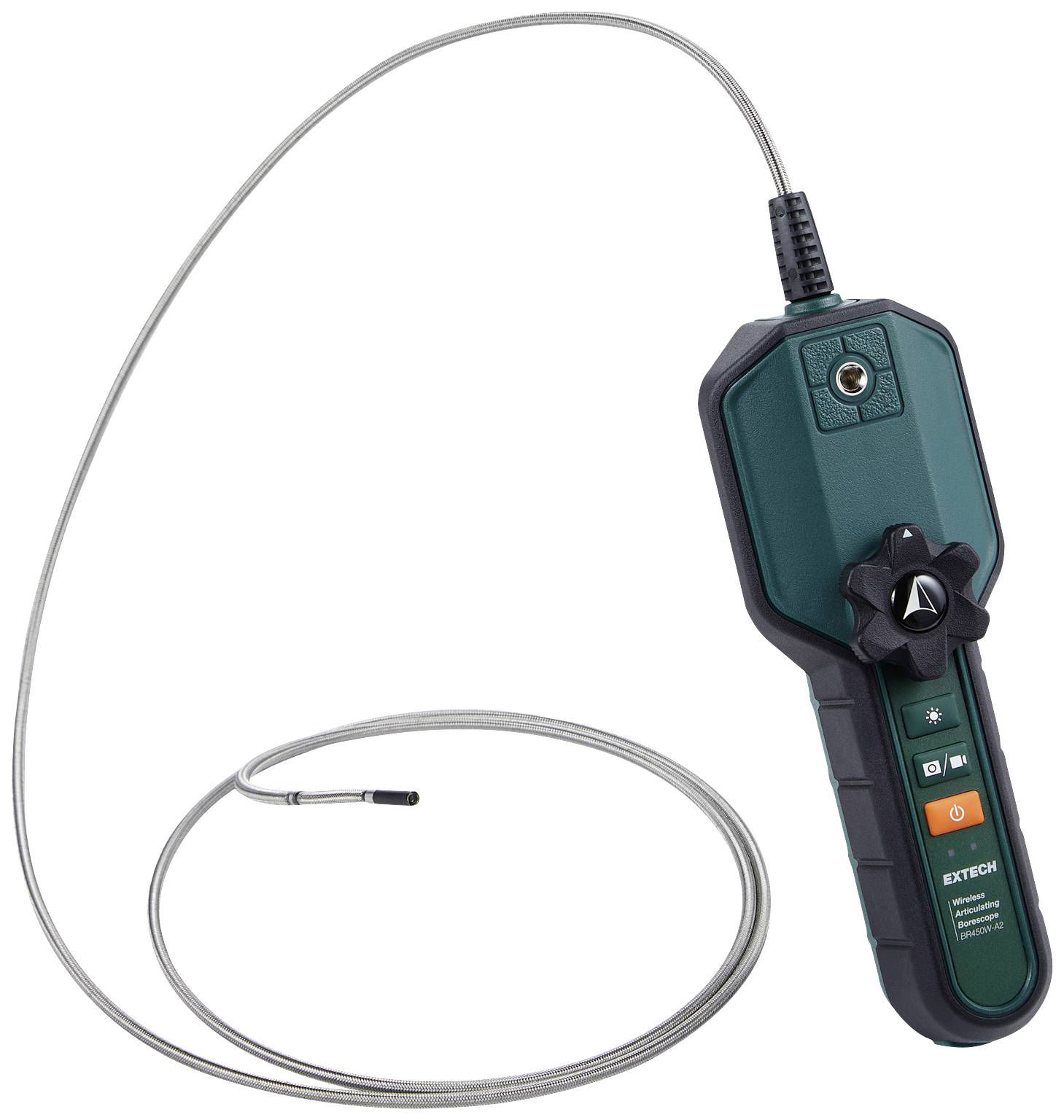 A green inspection device with a flexible cable and camera for hard-to-reach areas. Features control buttons and LED indicators.