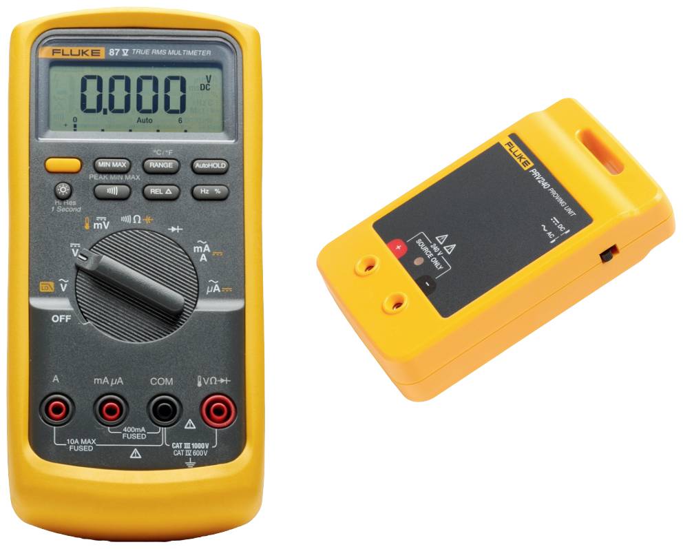 A multimeter and insulation testing device in a luminous orange, with the multimeter featuring a digital display and rotary dial on the left, and the testing device on the right.