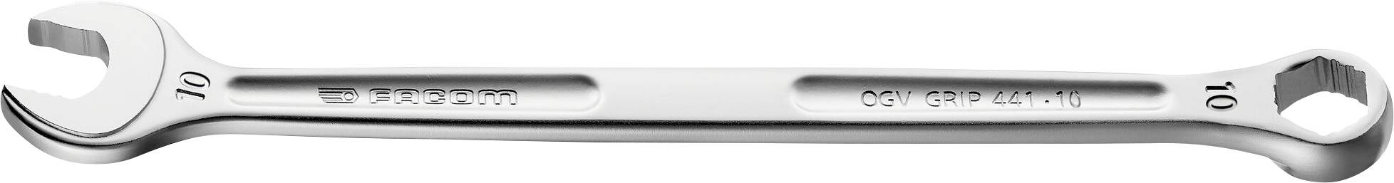 A silver double-ended spanner with '10' size markings on both ends.