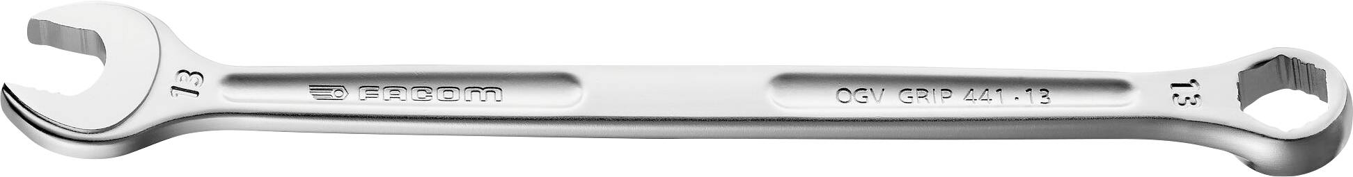A silver fork ring spanner with the markings '13', 'SCW 5224301300', and 'DIN 3113'. Open-end spanner on the left, ring spanner on the right.