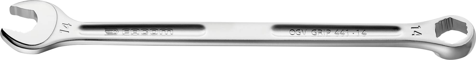 A silver double-ended spanner with 14 mm sizes at both ends, in a horizontal orientation.