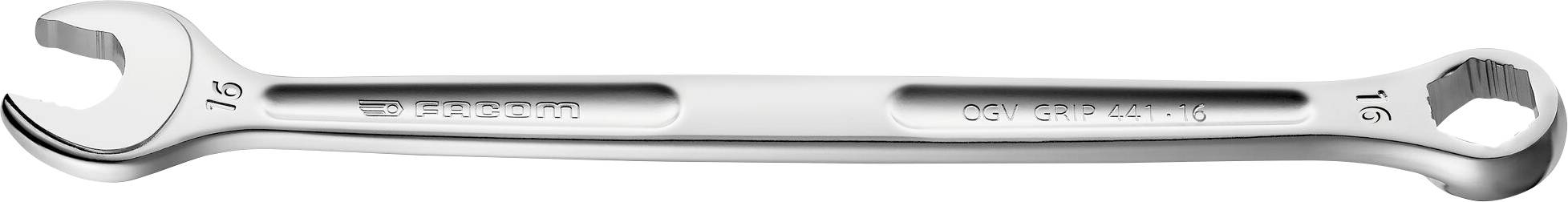 A silver spanner with '15' and '16' size markings on the ends, for use with screws and nuts.