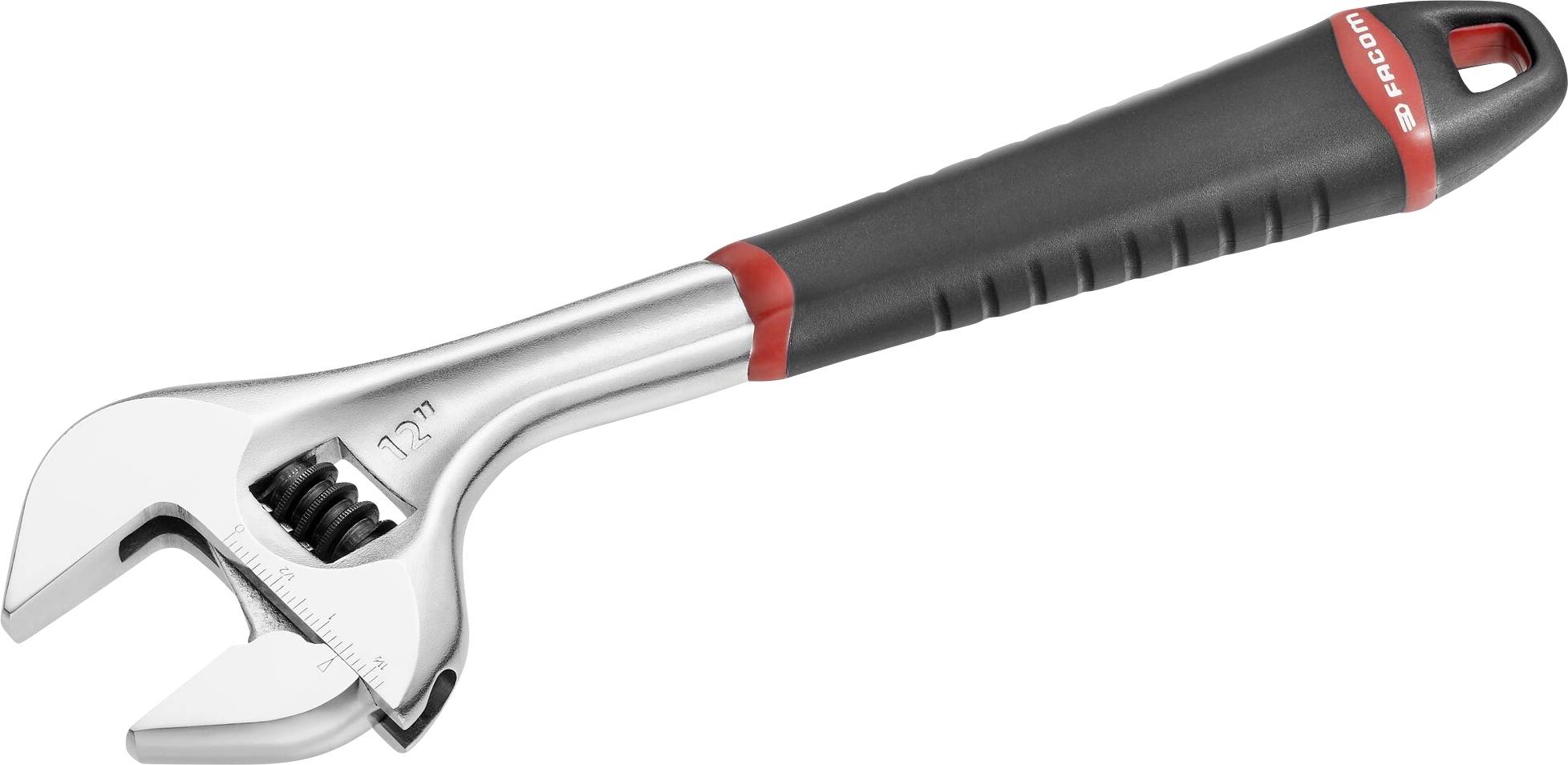 Adjustable spanner with black handle and scale indicator on the metallic head, suitable for tightening nuts.