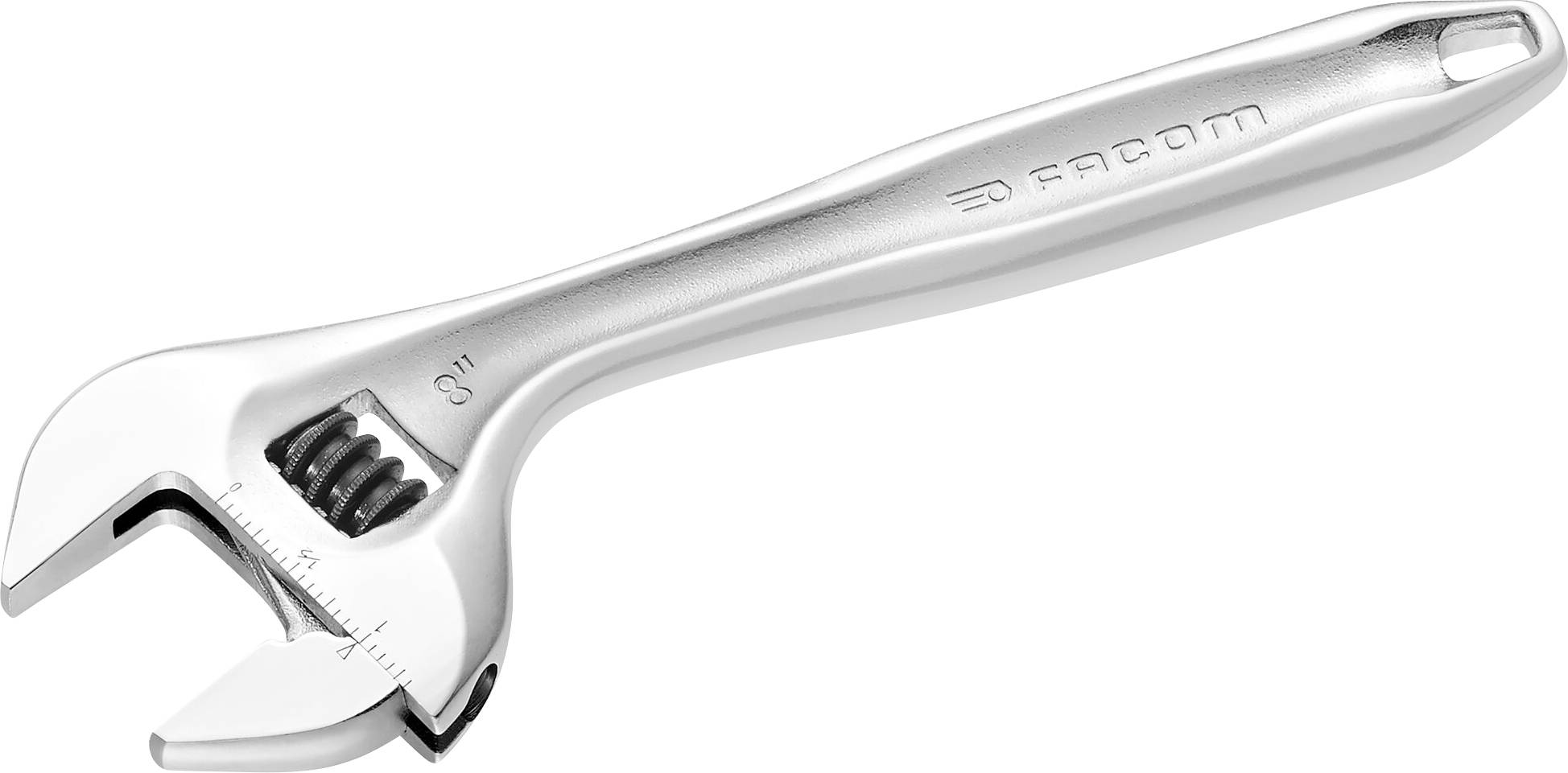 Adjustable metal spanner, 8 inches, with scale.