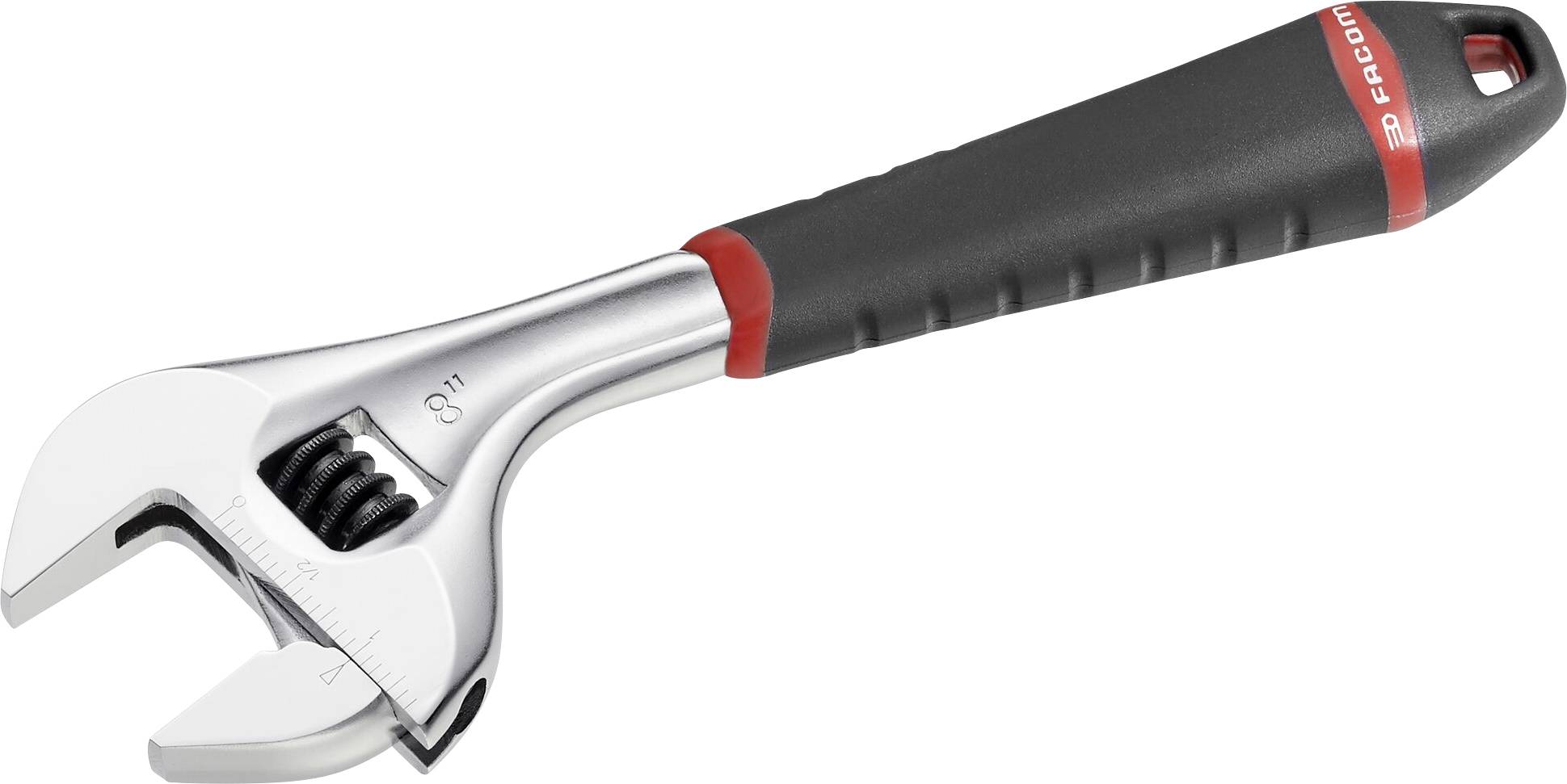An adjustable spanner with a black handle and silver head, perfect for adapting to different screw sizes.
