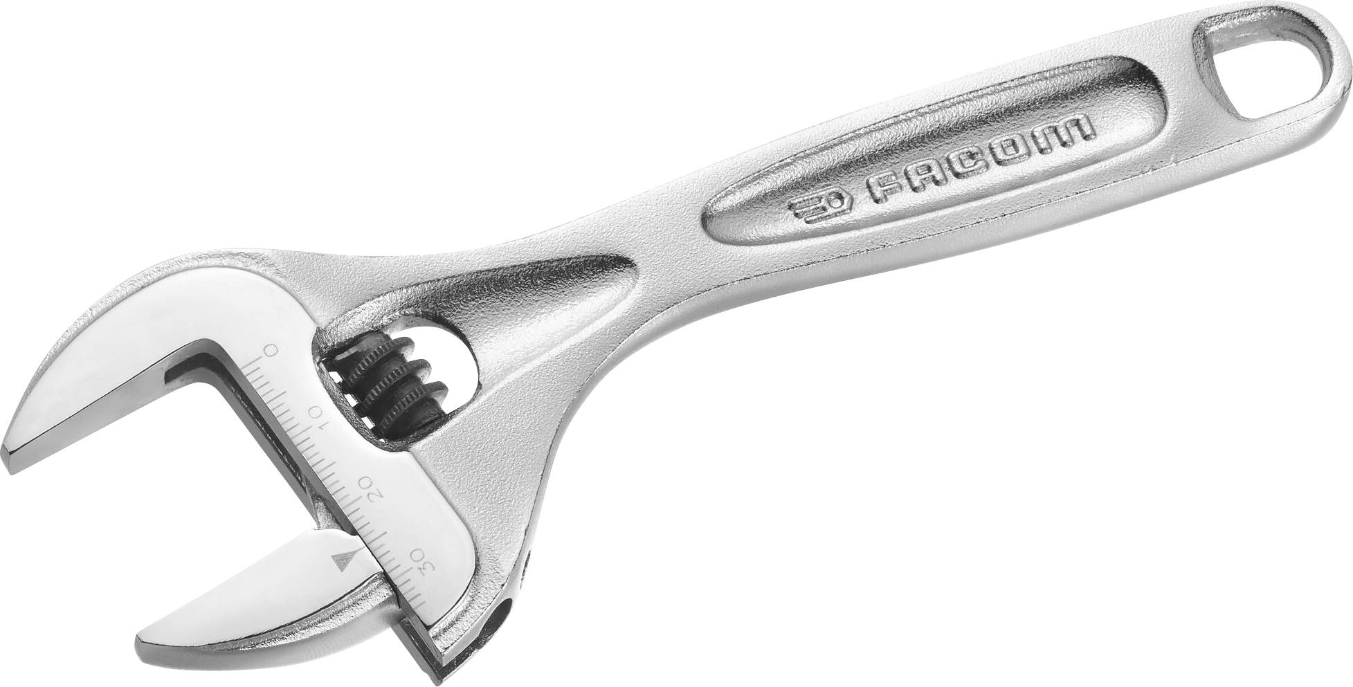 Adjustable metal spanner, slightly lustrous, with graduated scale and handle hole.