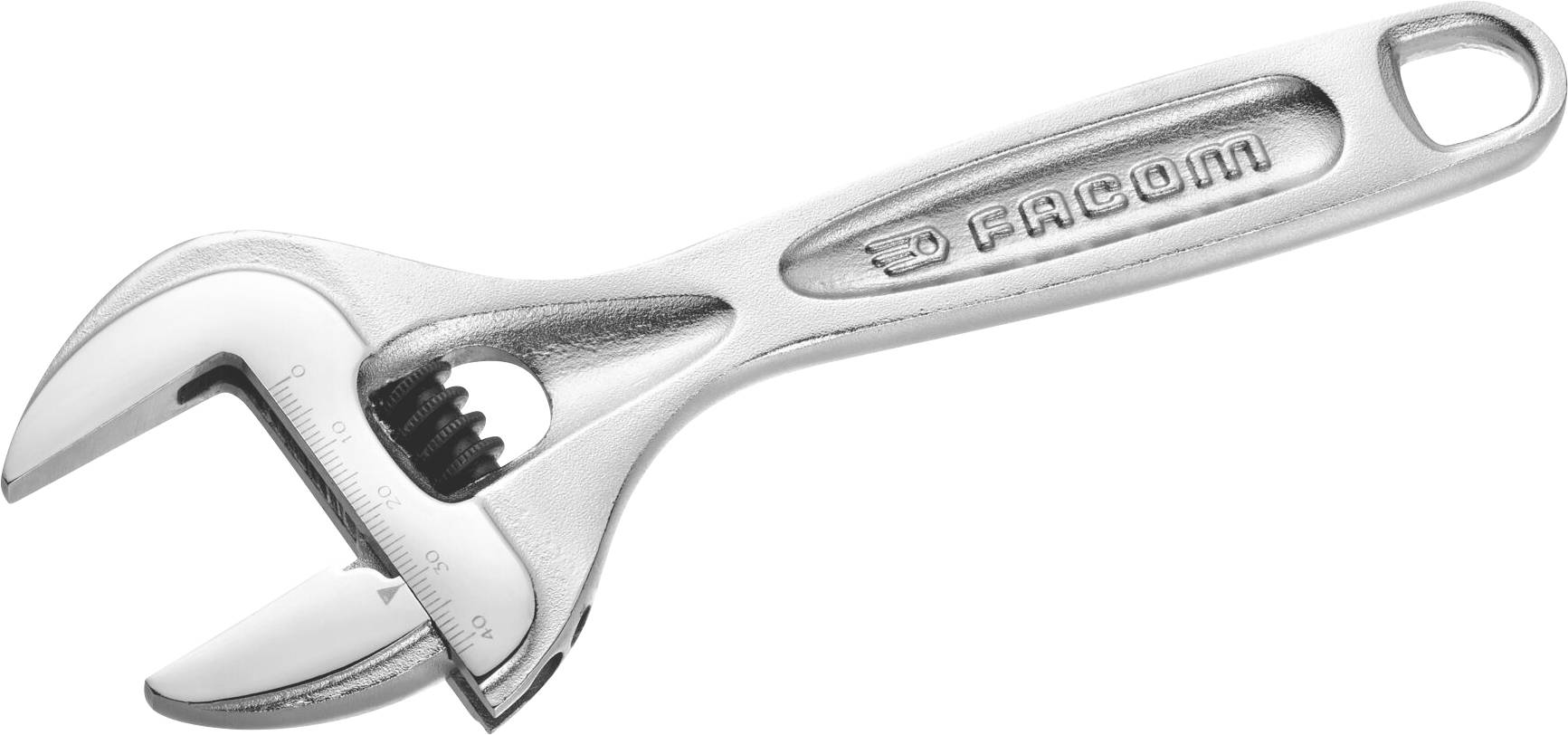 Adjustable metal spanner, side view, with the 'Facom' brand embossed. Suitable for tightening and loosening various screw sizes.