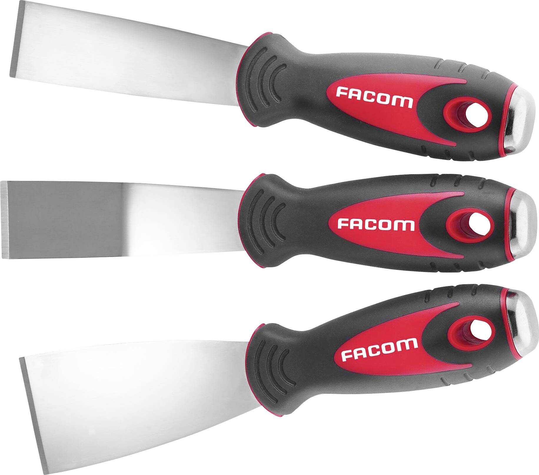 Three different spatulas with red and black handles, marked with 'Facom', displayed in a diagonal arrangement.
