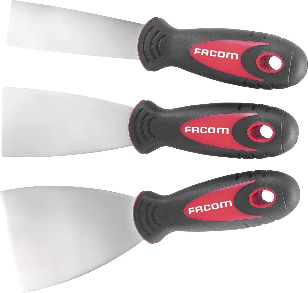 Three spatulas with black and red handles are lying side by side. 'FACOM' is written on the handles.