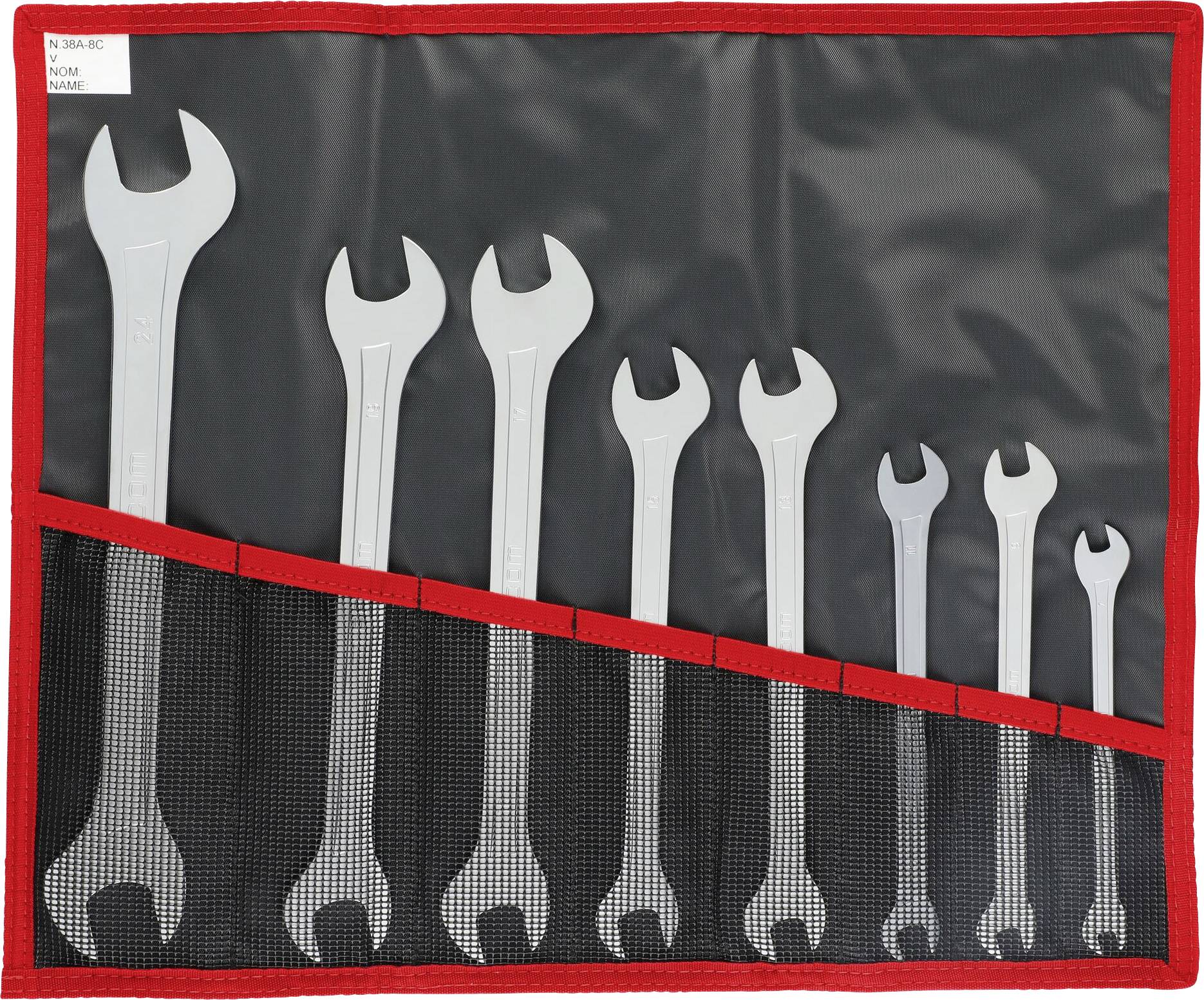 Set of eight spanners in descending size within a red tool bag.
