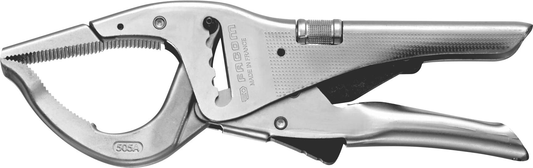 A silver locking pliers with serrated jaws for securely gripping objects.