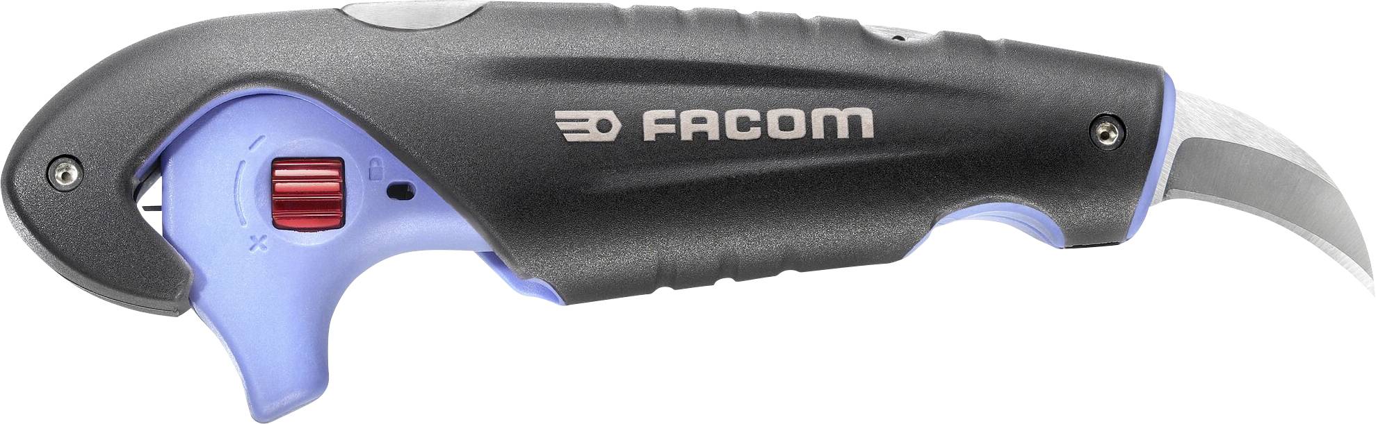 An ergonomic blade cutter with a red rotary lock, black handle, and curved silver blade.