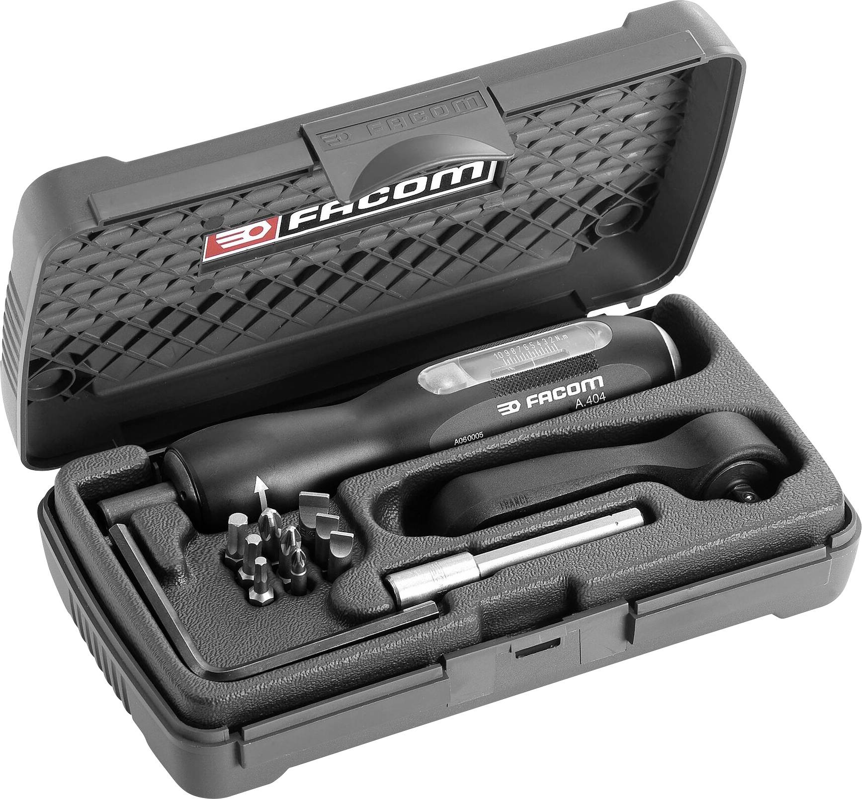 'FACOM' torque wrench set in a black tool case, with various attachments and screwdriver handle, displayed open.