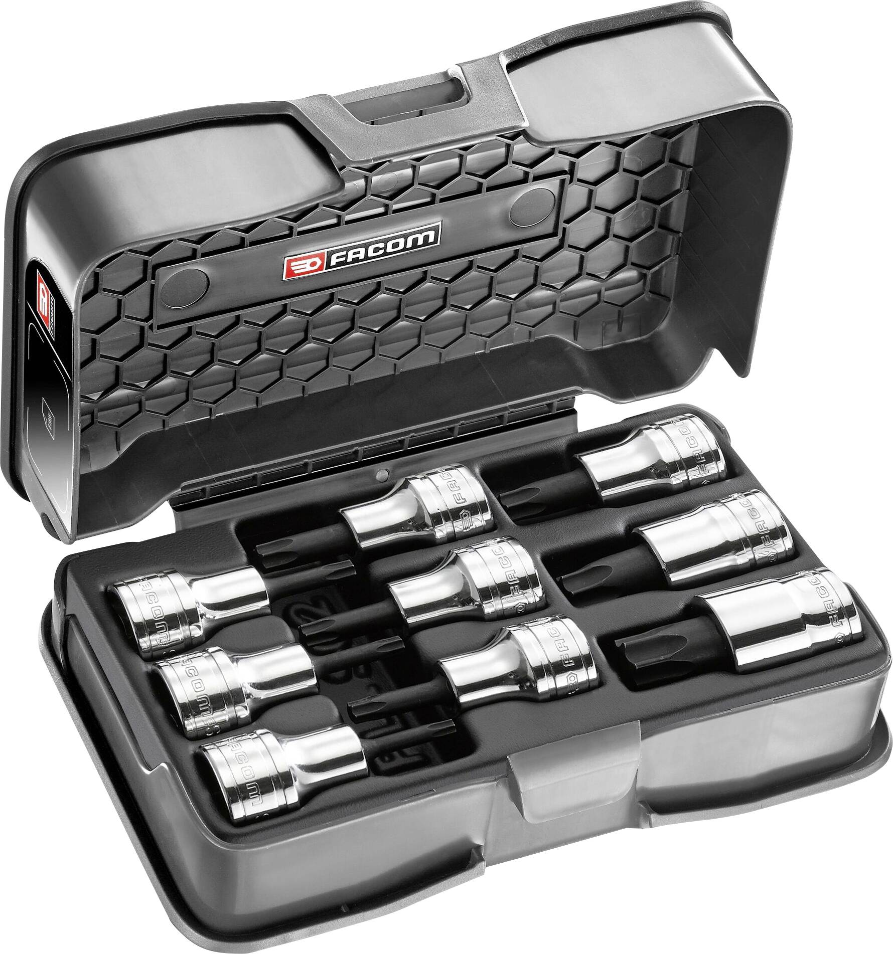 An open storage case displays nine socket keys arranged in two rows. The case is black with a Facom logo.