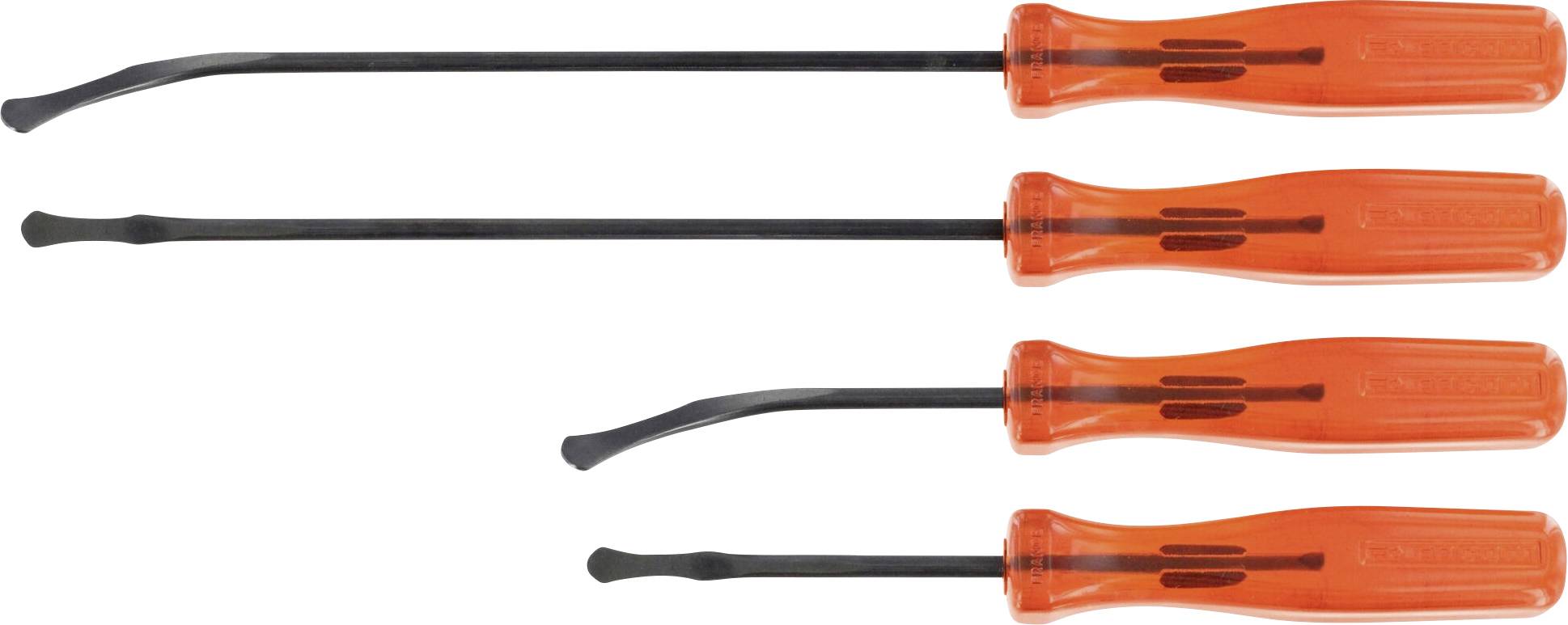 Four orange screwdrivers with black handles in different sizes, lying side by side.