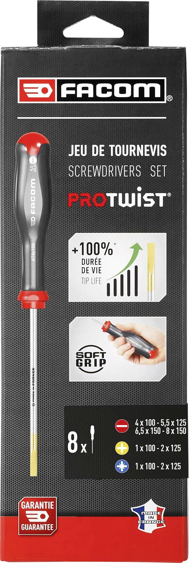 Facom Protwist Screwdriver Set with Eight Pieces. Contains Various Sizes and Promises Double Tip Lifespan.