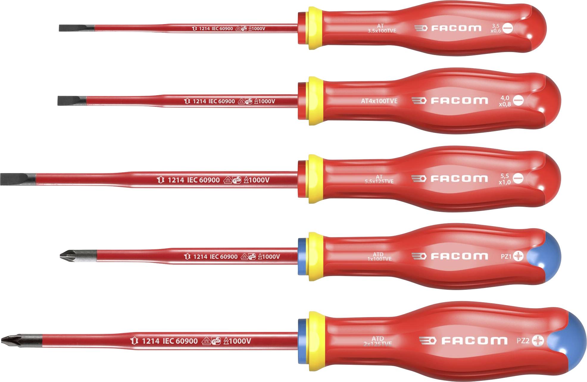 Five isolated screwdrivers with different tips and red handles, suitable for work up to 1000V, by the brand Facom.