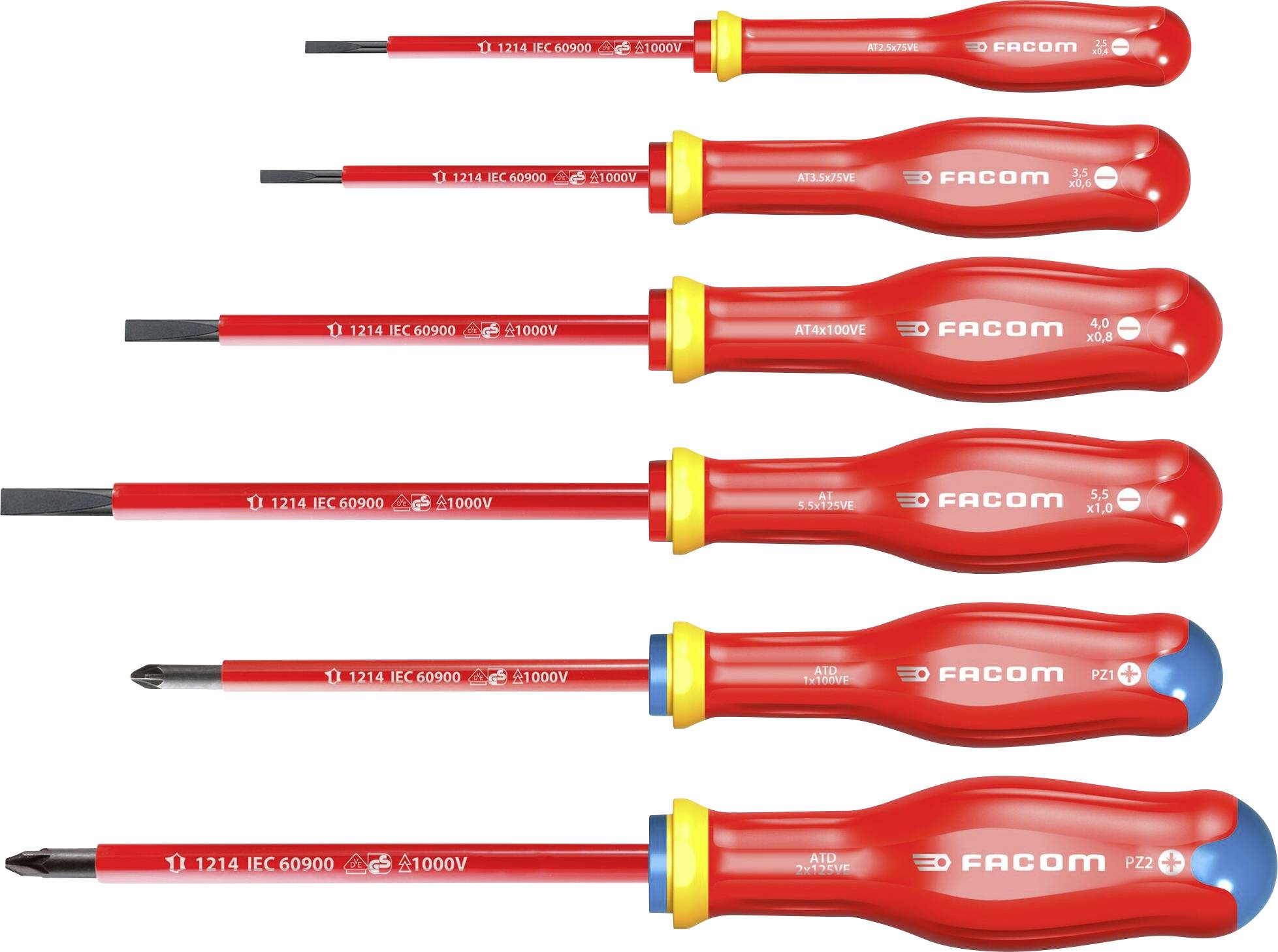 Six red screwdrivers lined up with different tips and handles. The brand name 'Facom' visible on the handles.