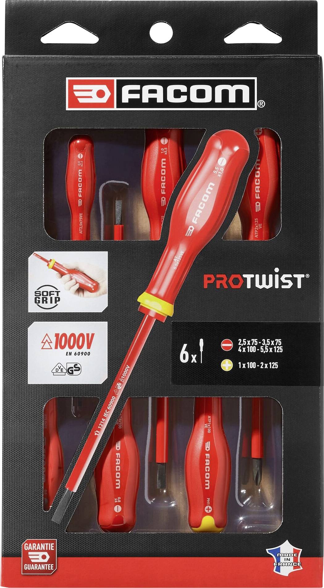 Packaging containing six insulated Facom screwdrivers, suitable for working under voltage up to 1000V. Includes various sizes.