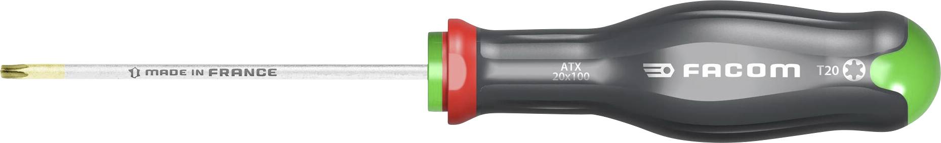 Screwdriver with ergonomic handle, FACOM brand, in black and green. Metal blade with 'made in FRANCE' inscription.