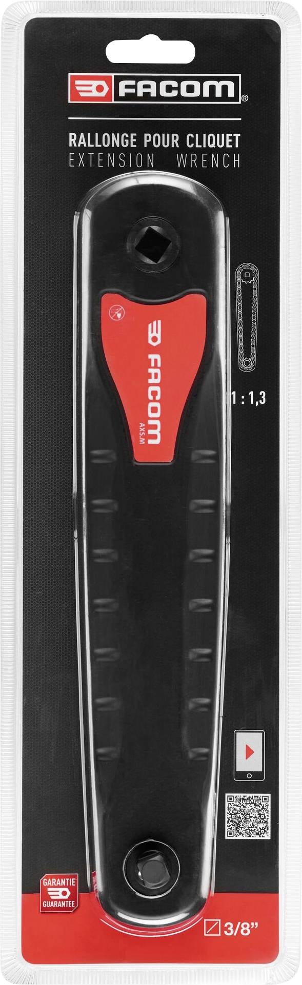 Packaging for a 'FACOM' extension key with 3/8 inch size. Primary colour black with red logo, suitable for ratchets.