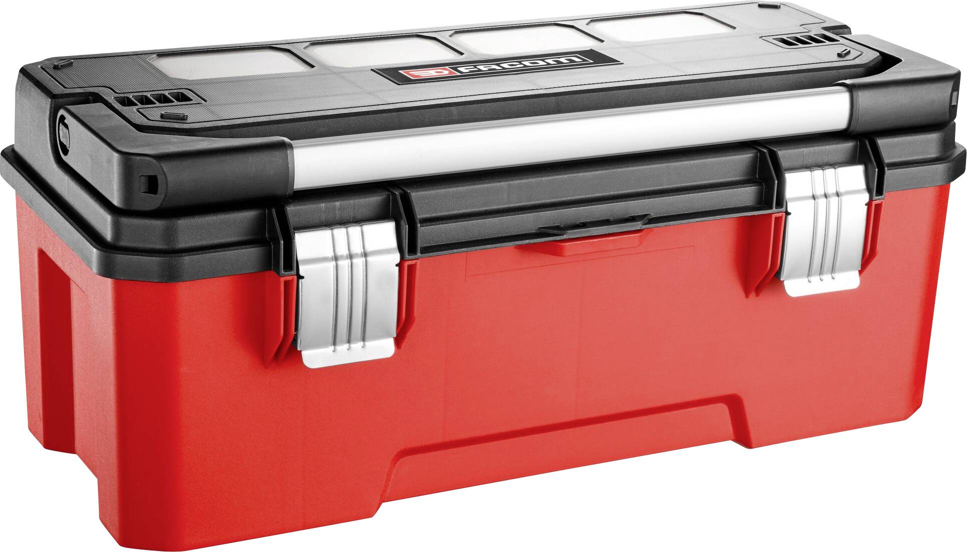 Red toolbox with black details, silver locks and a clear lid. Perfect for organising and storing tools.