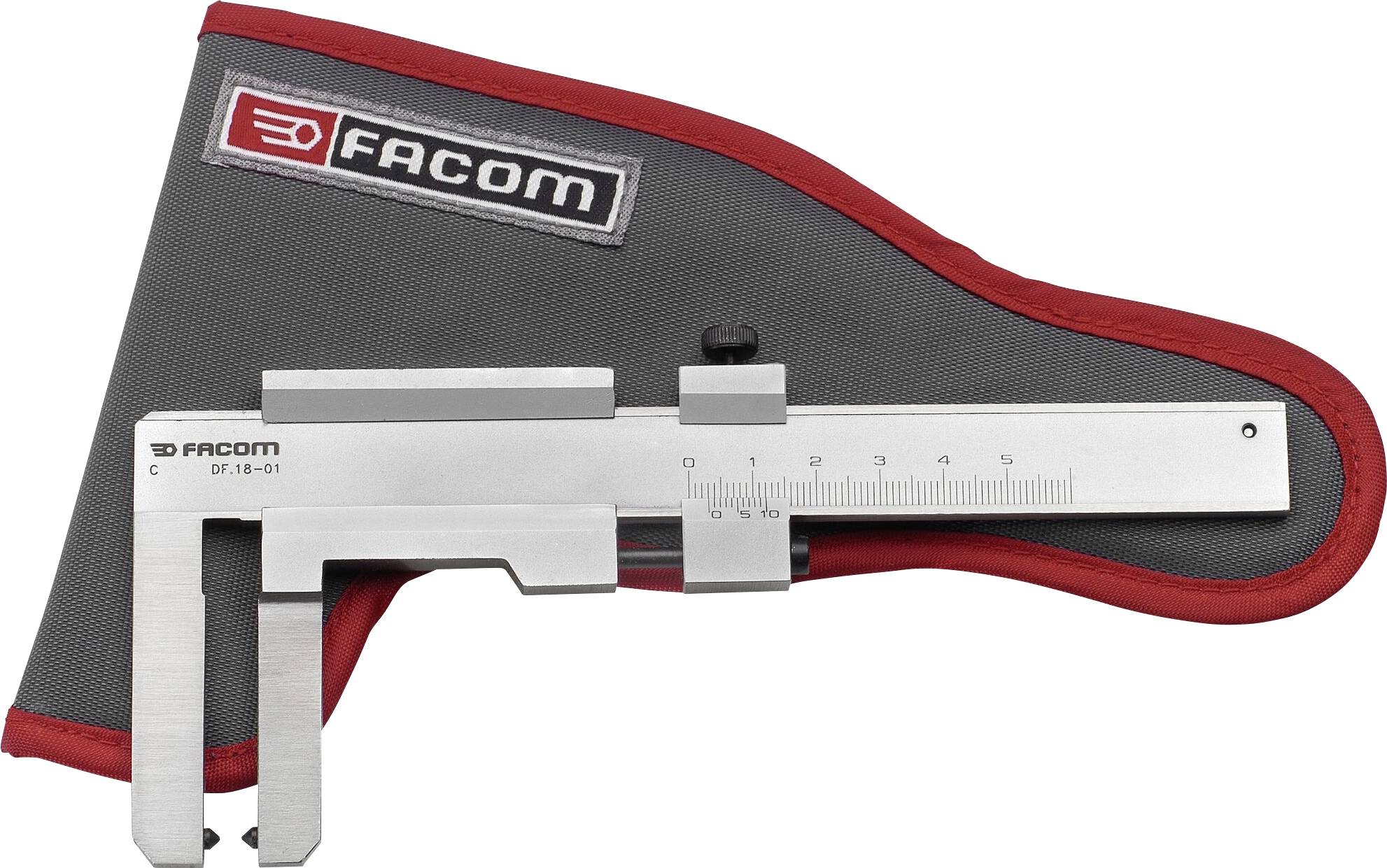 A silver calliper with a scale lies in a grey bag with a red border and the 'FACOM' logo in the top left corner.