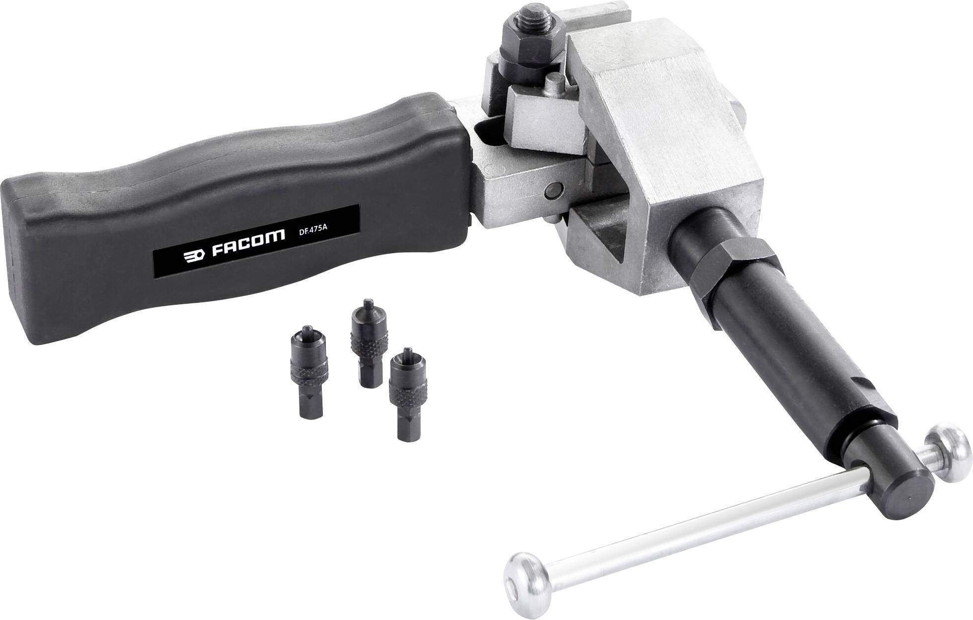 A chain riveter with a black handle, silver casing, and interchangeable inserts. Workshop tool for chain repair.