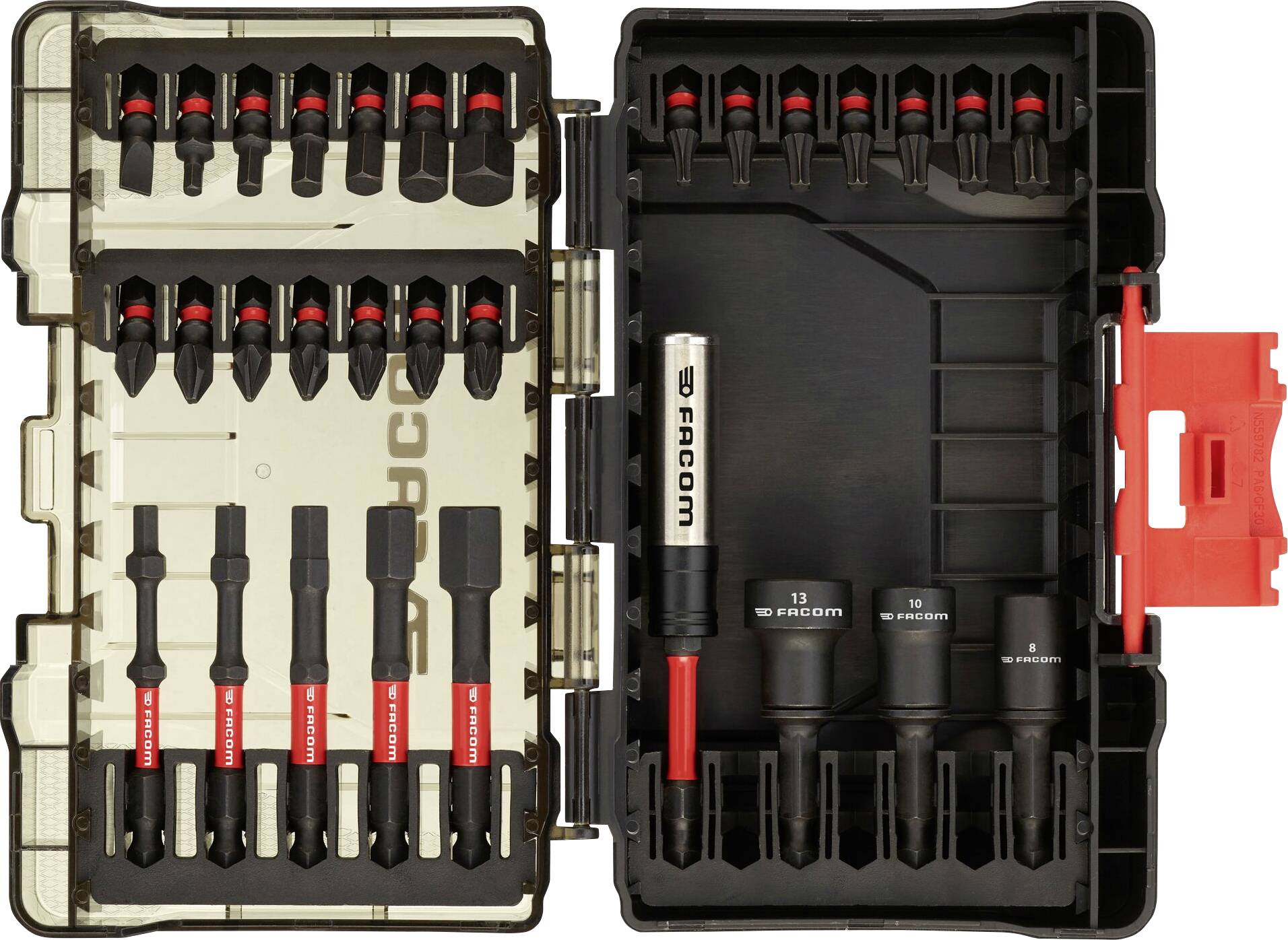 A set of screwdriver bits and attachments in an open black box with red accents; various bit sizes visible.