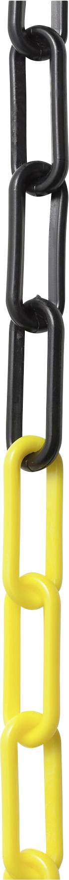 A vertical plastic chain, consisting of five black and three yellow links strung together.