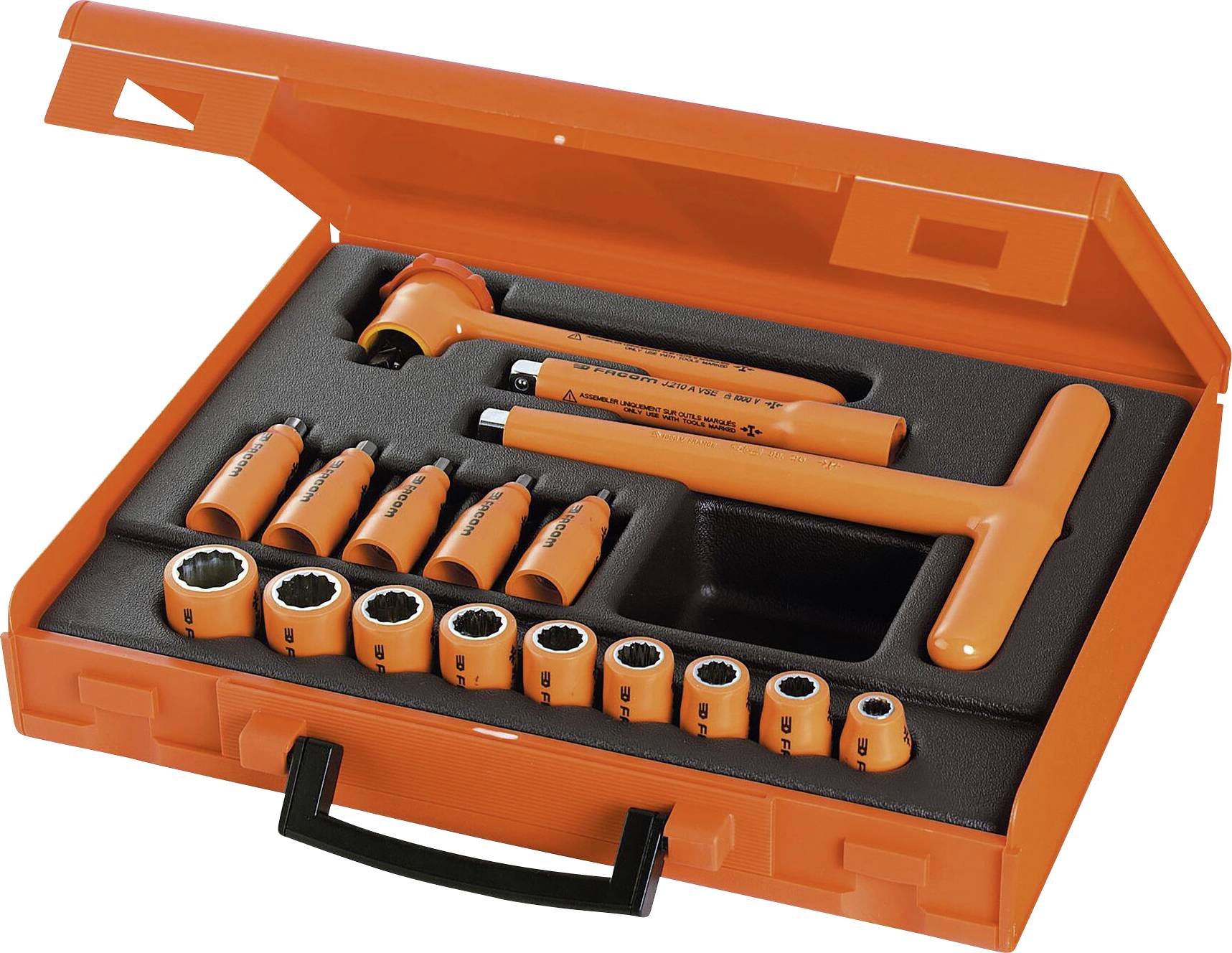 An orange toolbox contains various socket wrenches and tools used for maintenance or repair work.