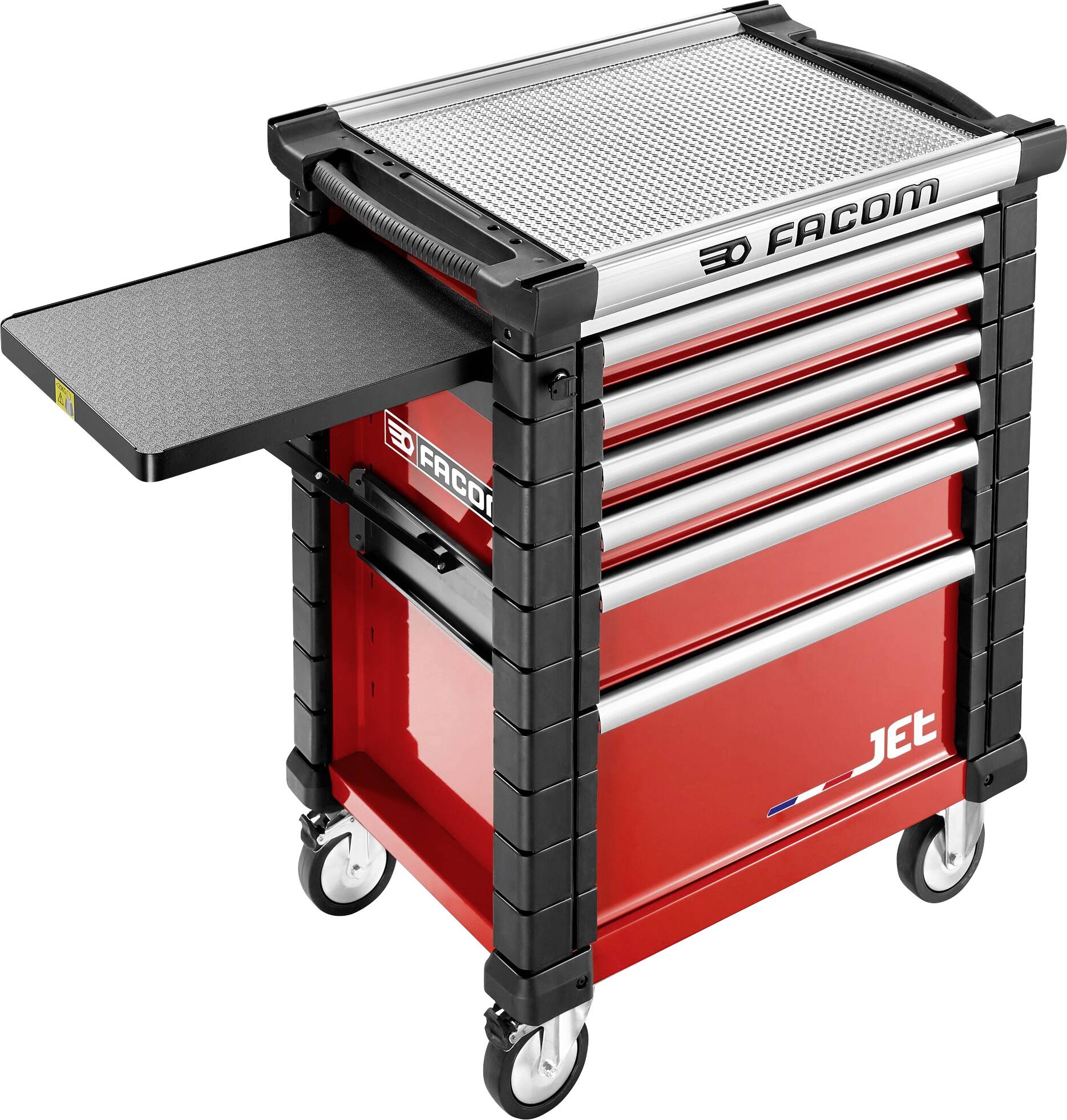 Red tool trolley on wheels with multiple drawers, one drawer pulled out. 'FACOM' and 'JET' labels on the front.