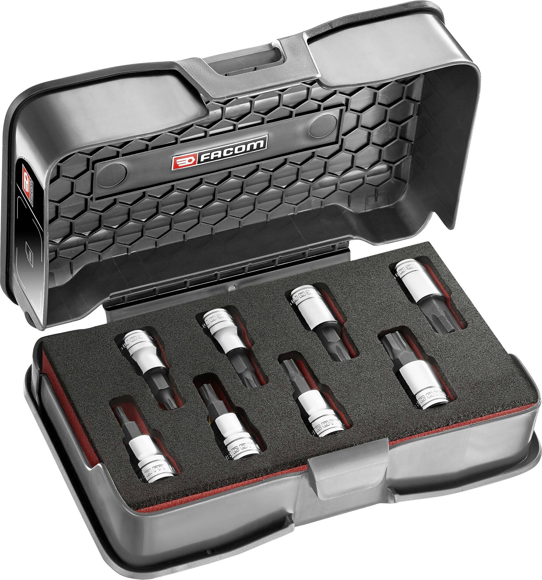 Black toolbox with open lid displaying neatly arranged screwdriver bits in foam lining. Brand logo on the inner side.