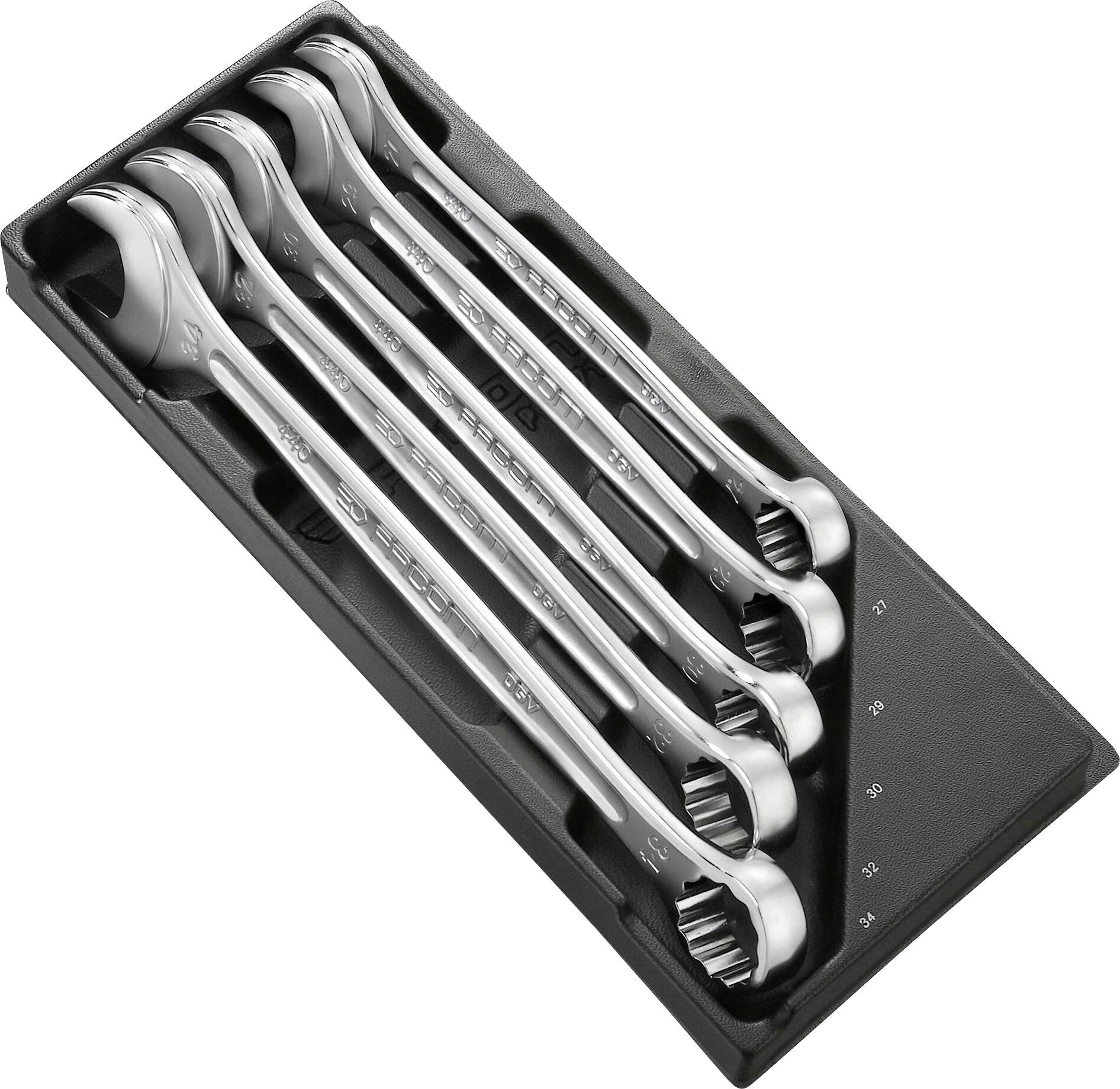 Five ring spanners in various sizes arranged in a black tool holder, lined up from small to large.