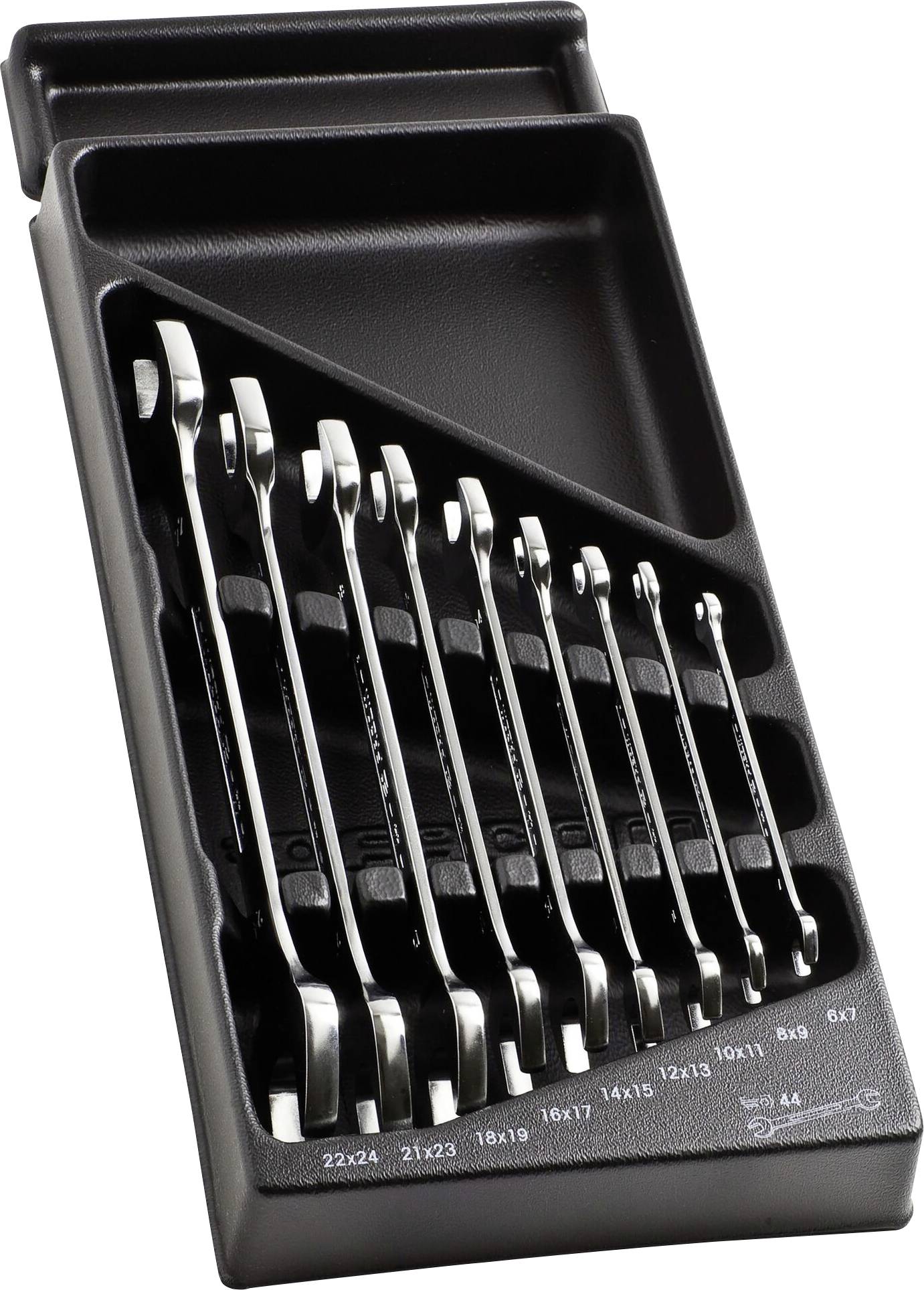 A set of ten silver spanners in a black holder, each marked with sizes in millimetres ranging from 6x7 to 22x24.