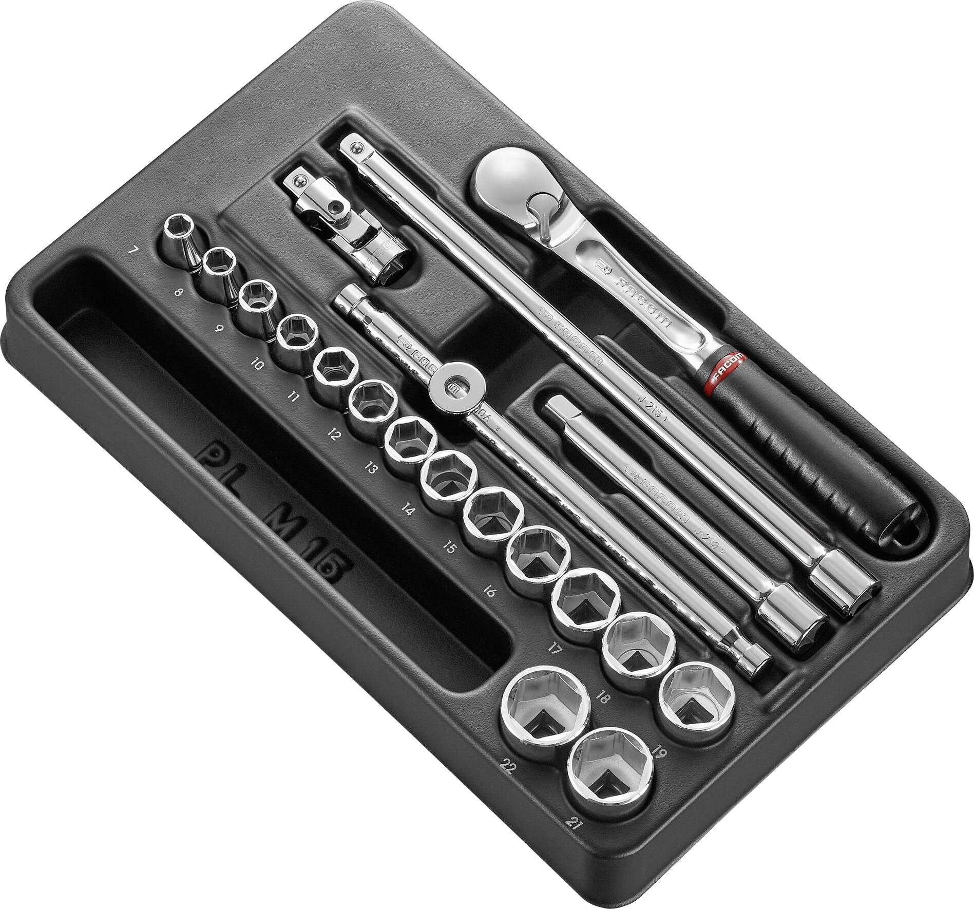Ratchet socket set with various socket keys and extensions in a plastic case. Includes sizes from 8 to 19 millimetres.