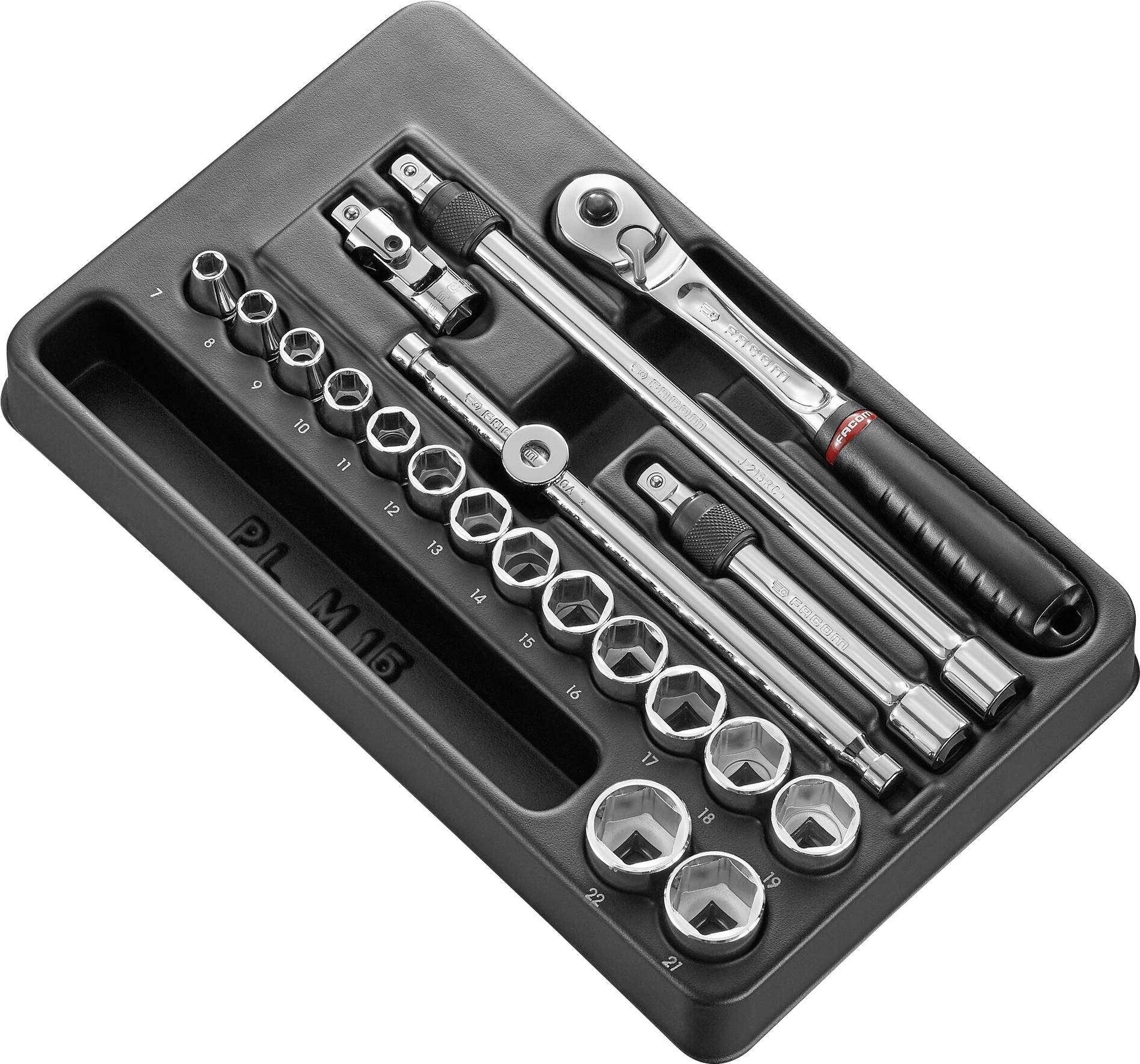 A ratchet tool set in a black holder, comprising a ratchet, extensions, and various sockets in different sizes.