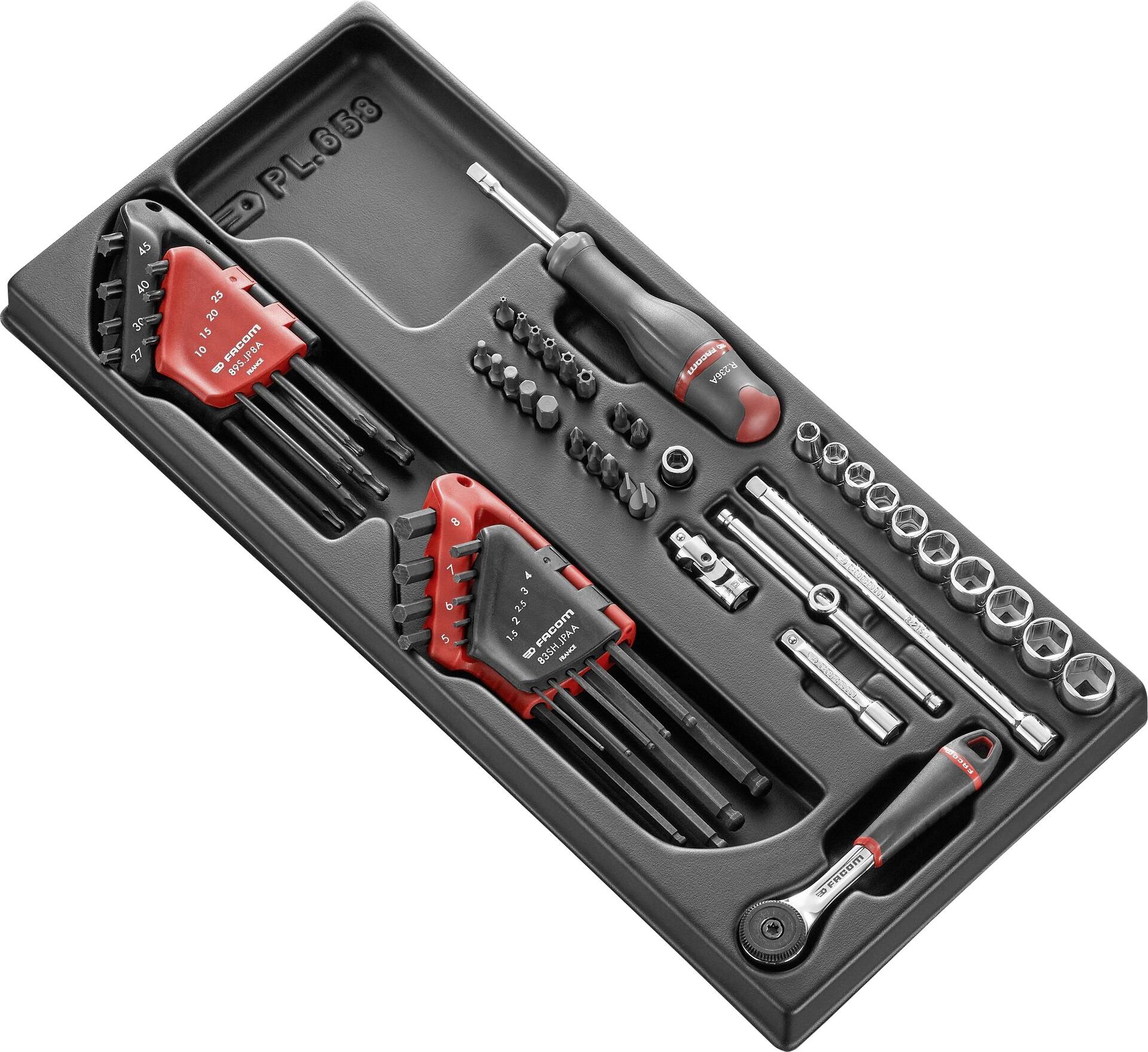 A tool set comprising multiple hexagonal Allen keys, screwdrivers and socket wrenches in a black plastic case.