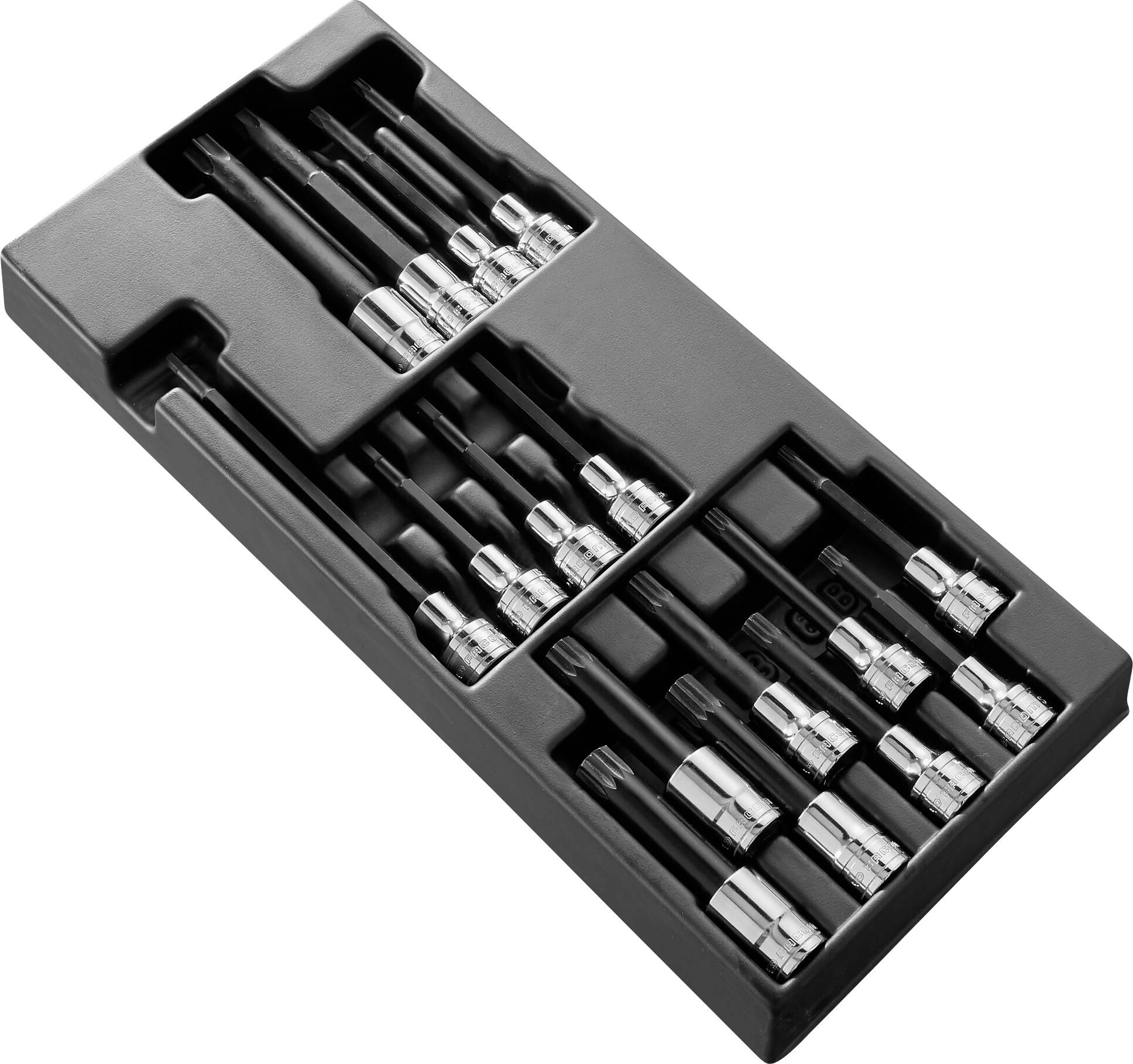 Set of black metal plugs in a compartment, various sizes, arranged in a plastic-like storage box.