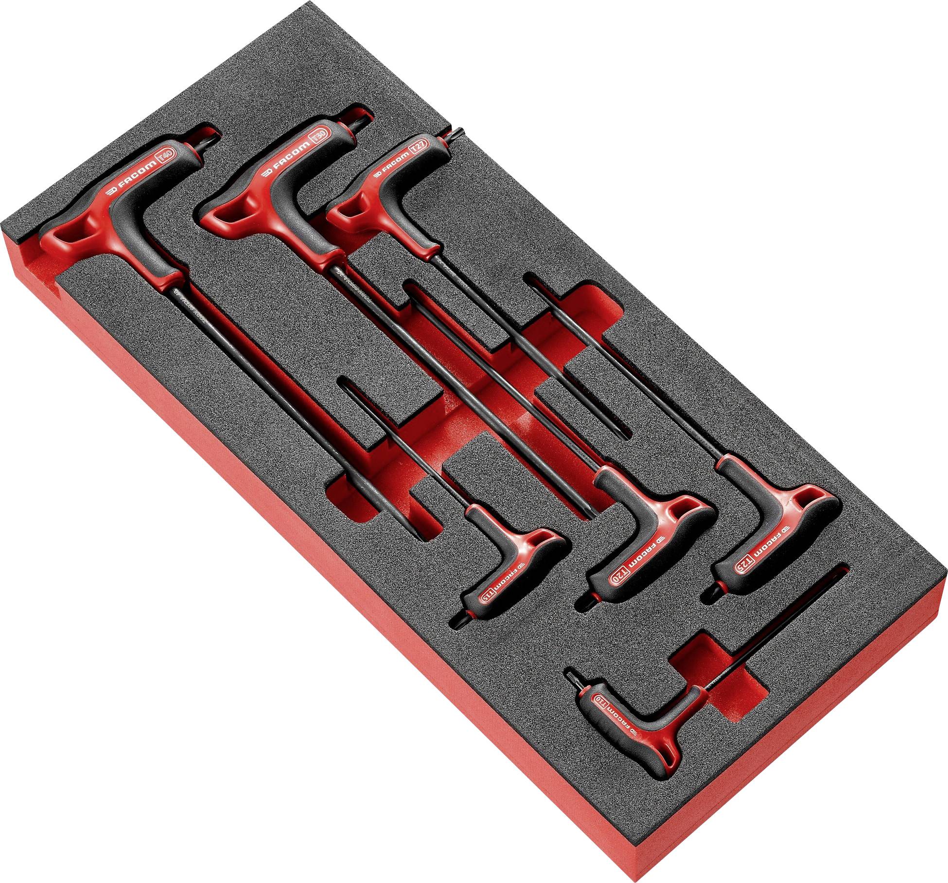 A set of nine red T-handle hexagonal Allen keys in various sizes, neatly arranged in a foam insert.