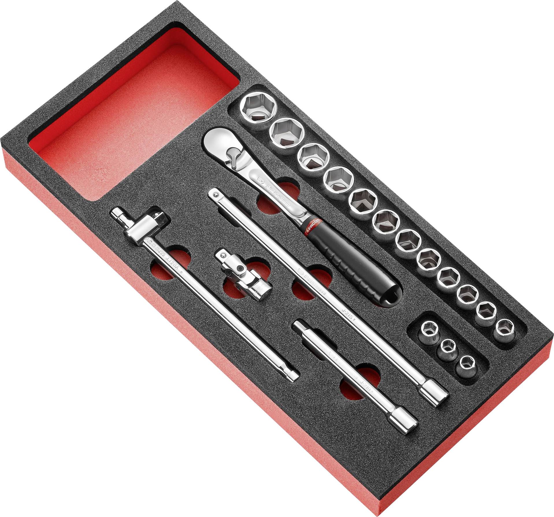 Socket wrench set with ratchet, various nuts and extensions in a foam insert. Tool for mechanical work.