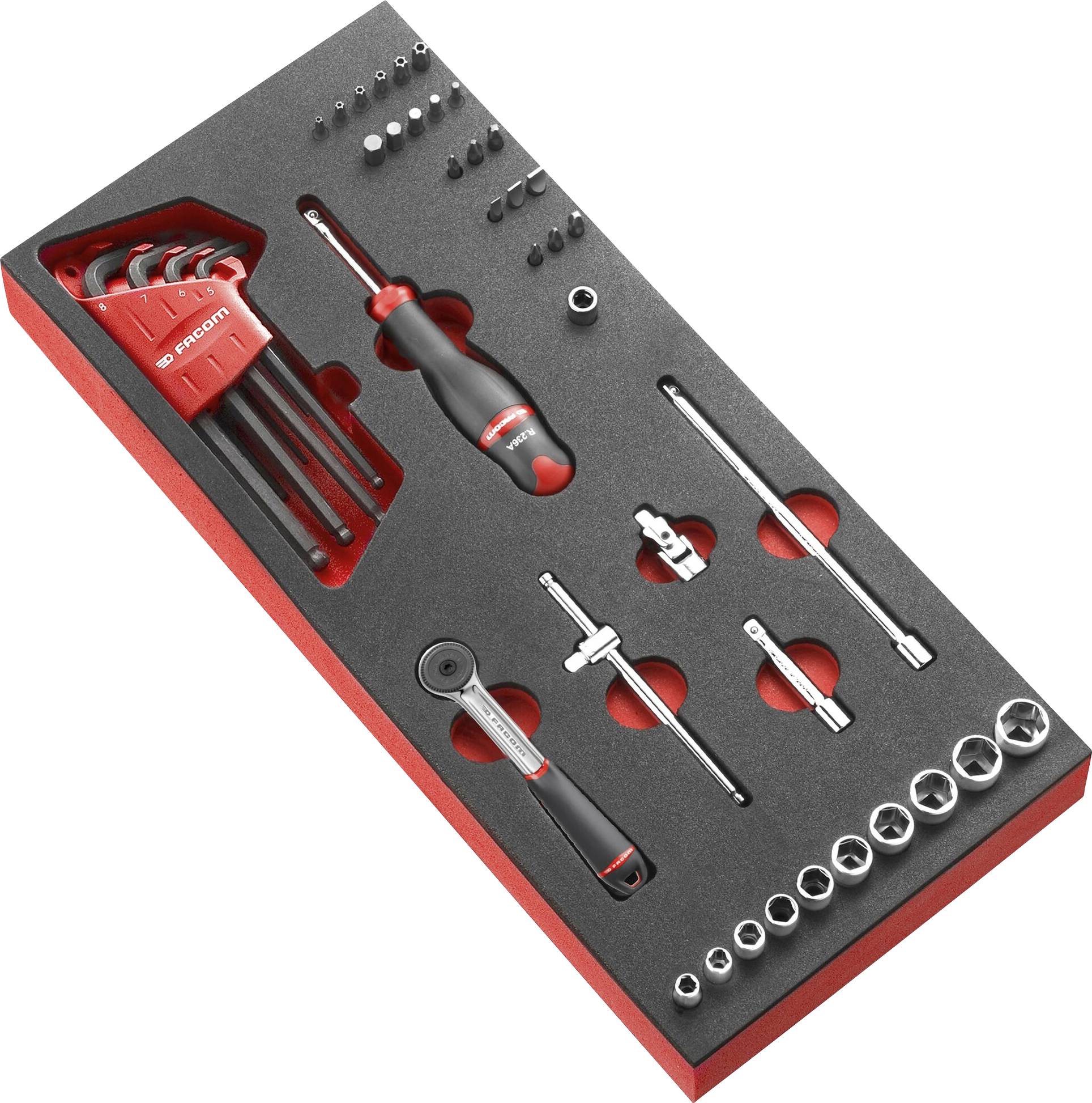 A tool set on a foam pad with spanners, sockets and a ratchet, all neatly arranged.