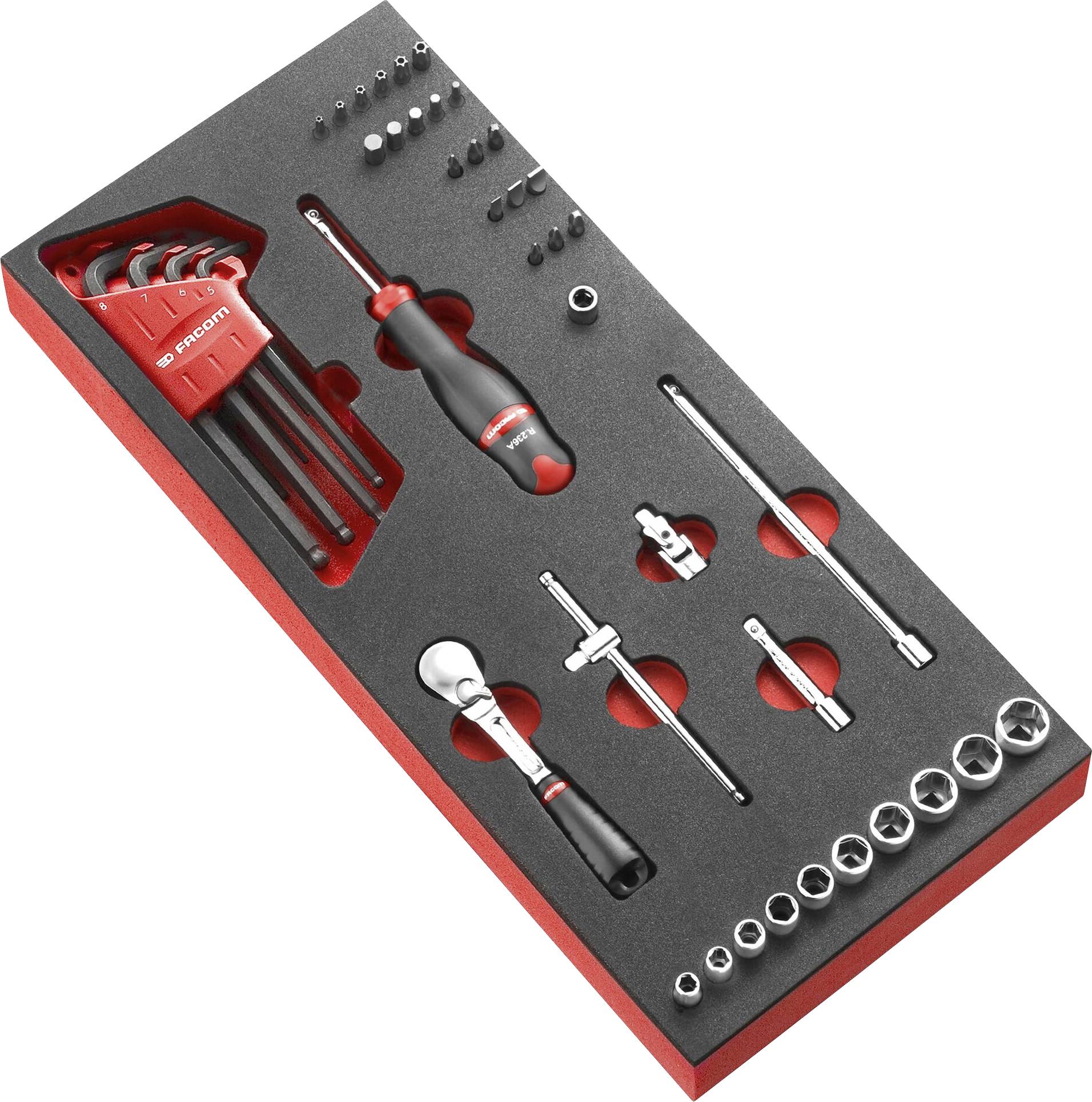 Set of high-quality hand tools in foam insert, including screwdrivers, socket spanners, ratchet, and hex keys.