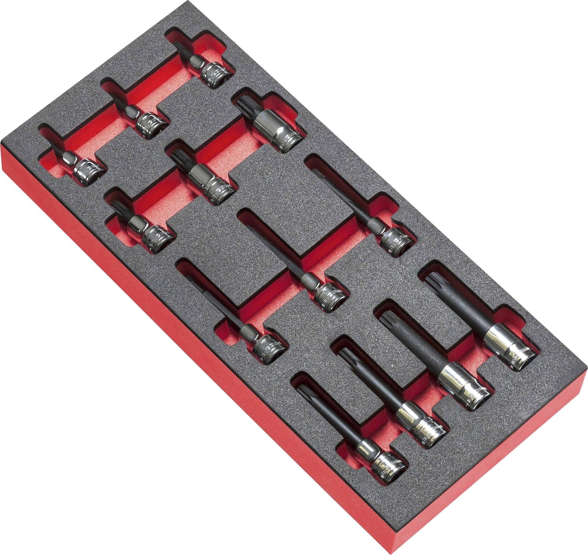A set of eleven black bit screwdrivers in a red foam holder, arranged in two rows.
