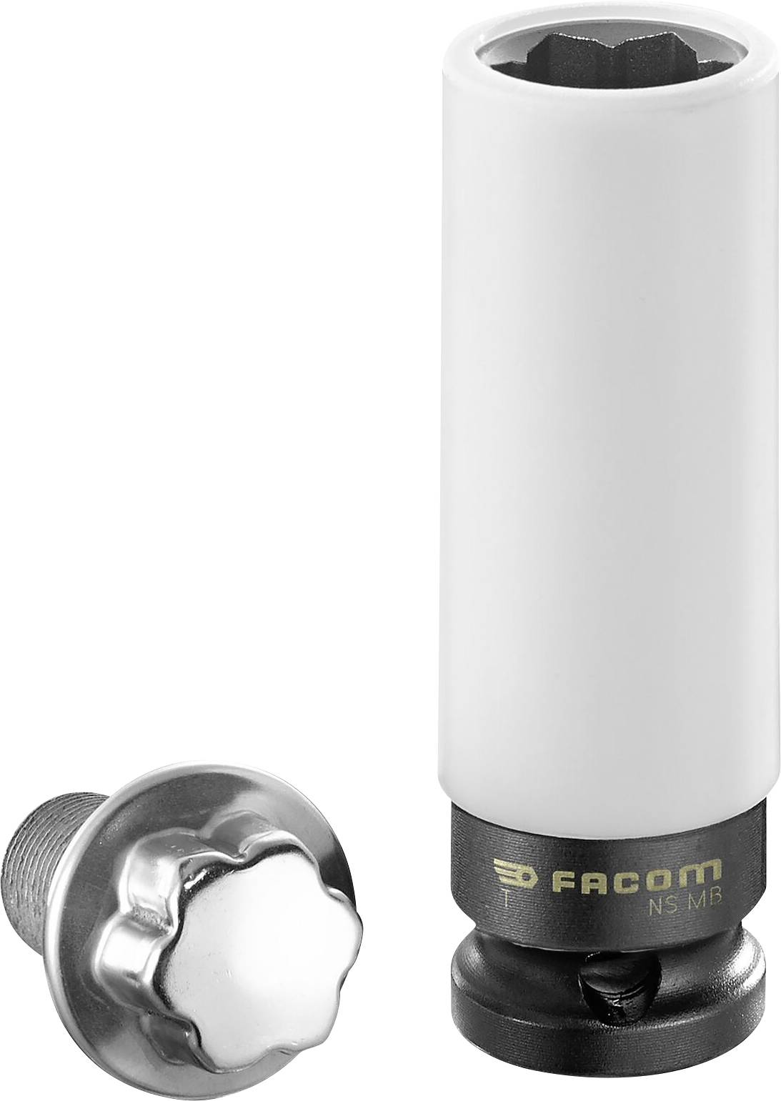 A detachable white key with a black base situated next to a silver screw on a white background.