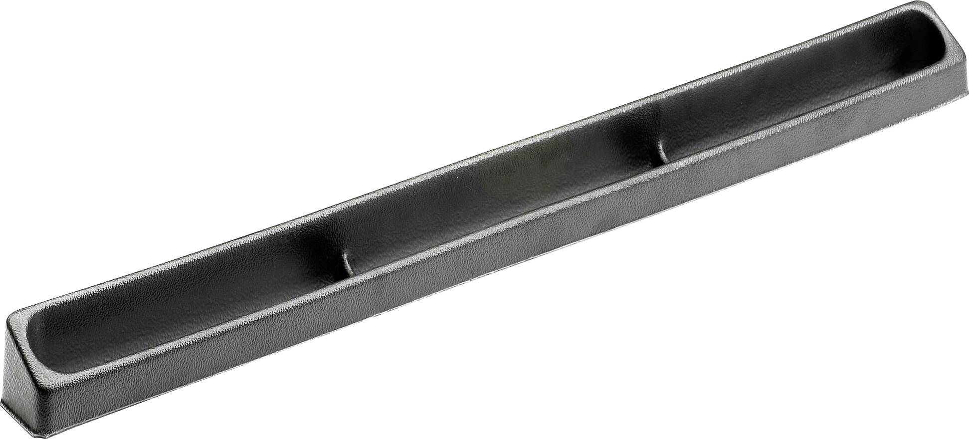 A long, black metal container with multiple separate compartments in a row, possibly for organisation or storage.(Note: The translation uses British English spelling of 