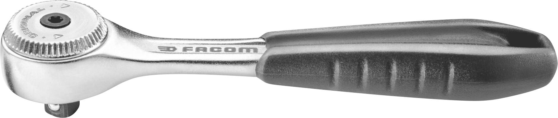 A silver ratchet with a black handle, suitable for mechanical work.