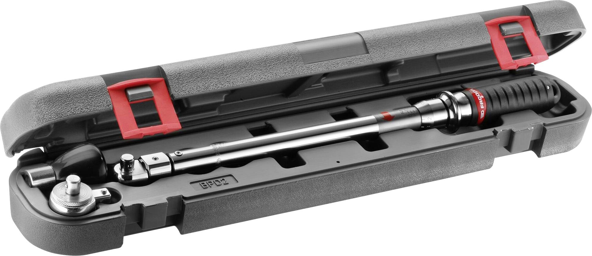 A torque wrench lies open in a black and red hard-shell case. It has a black handle and a metal adjustment mechanism.
